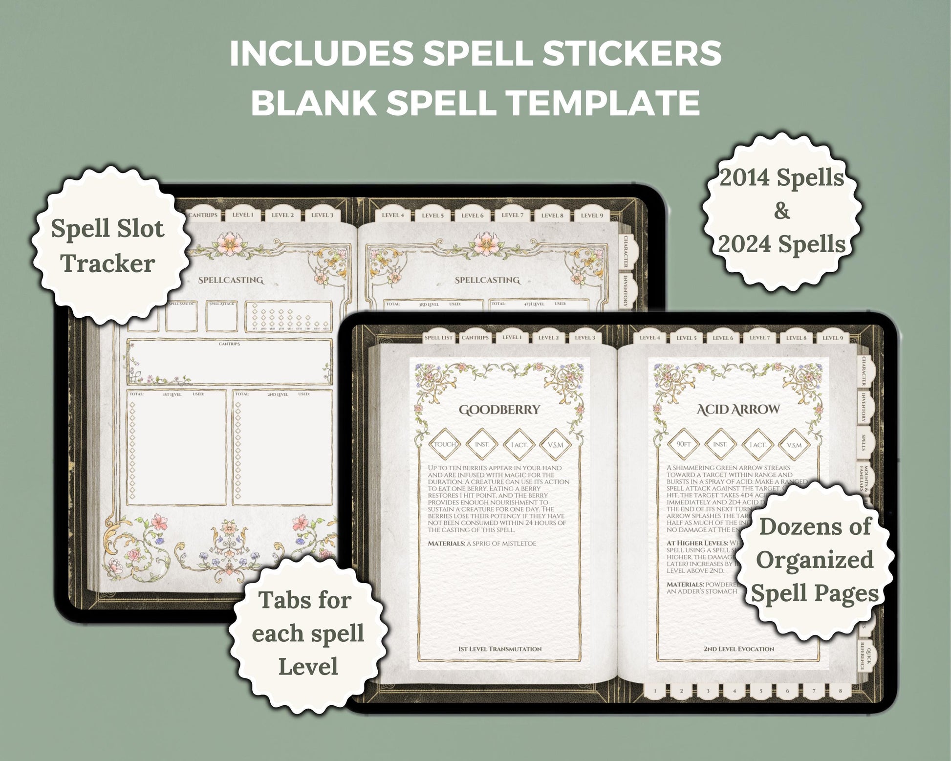 Digital journal spell slot tracker with spell page and listed features 