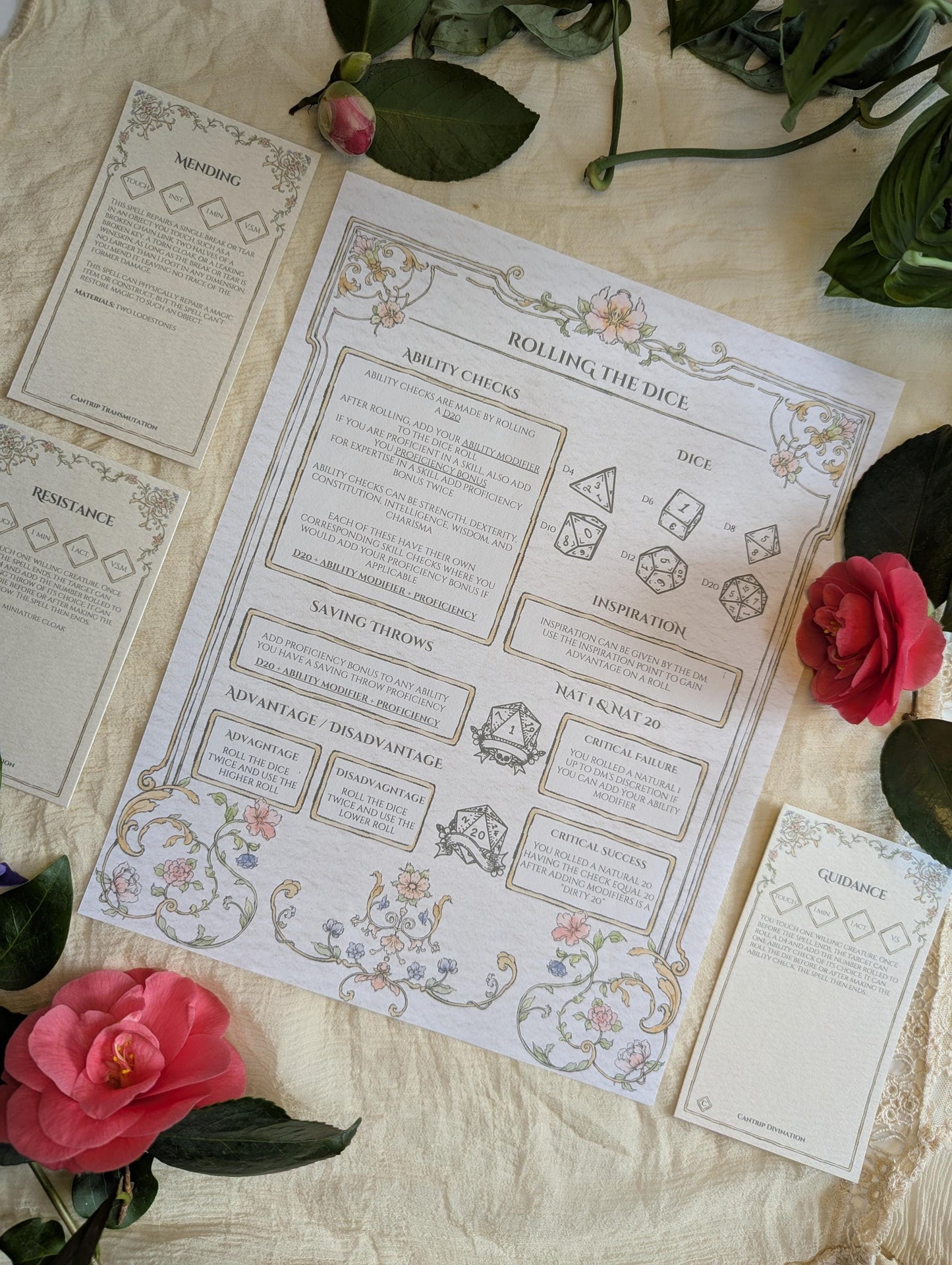 dungeons and dragons rules cheat sheet with decorative elements on a textured surface with flowers.