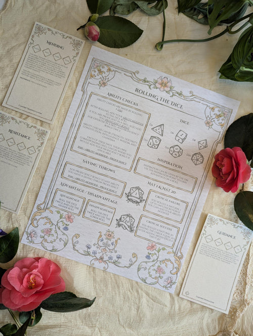 dungeons and dragons rules cheat sheet with decorative elements on a textured surface with flowers.