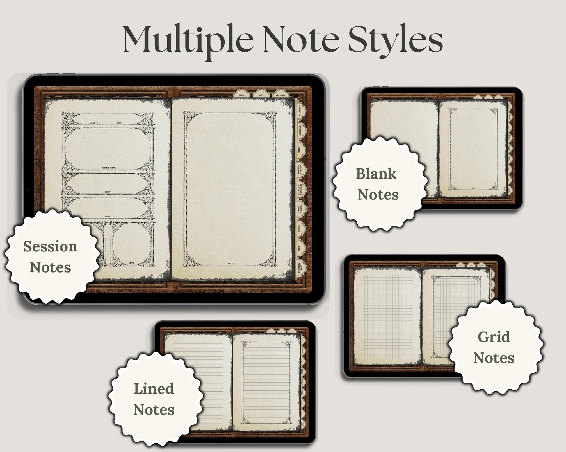 Collection of different dnd notebook page styles with labels