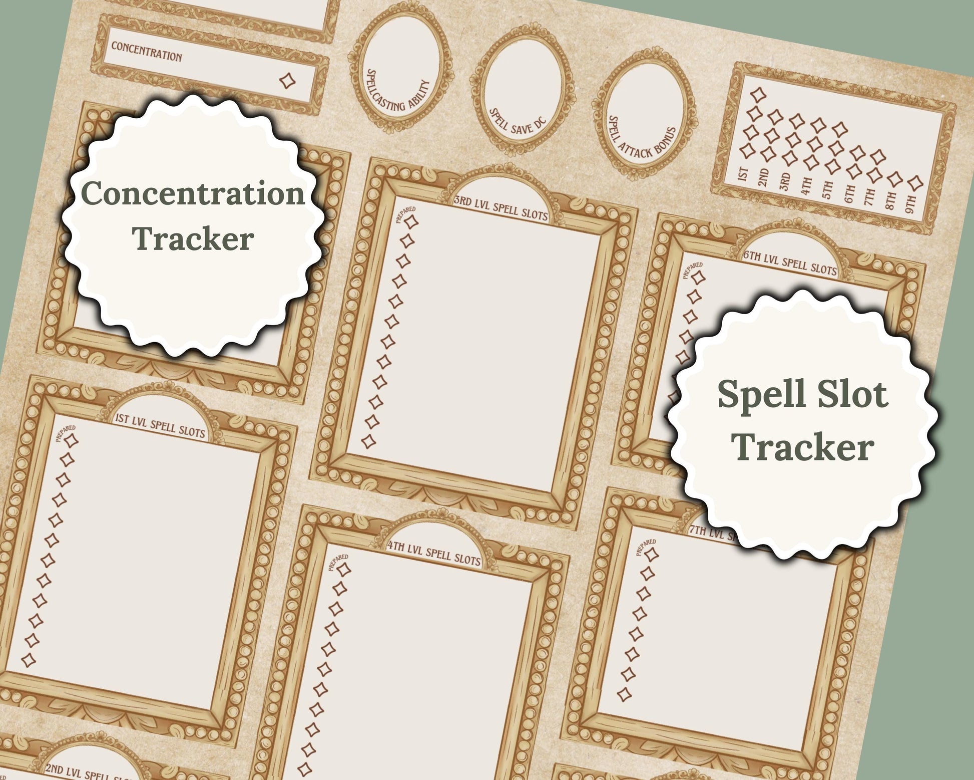 Spell page of DnD character sheet with labels 'concentration tracker' and 'spell slot tracker'