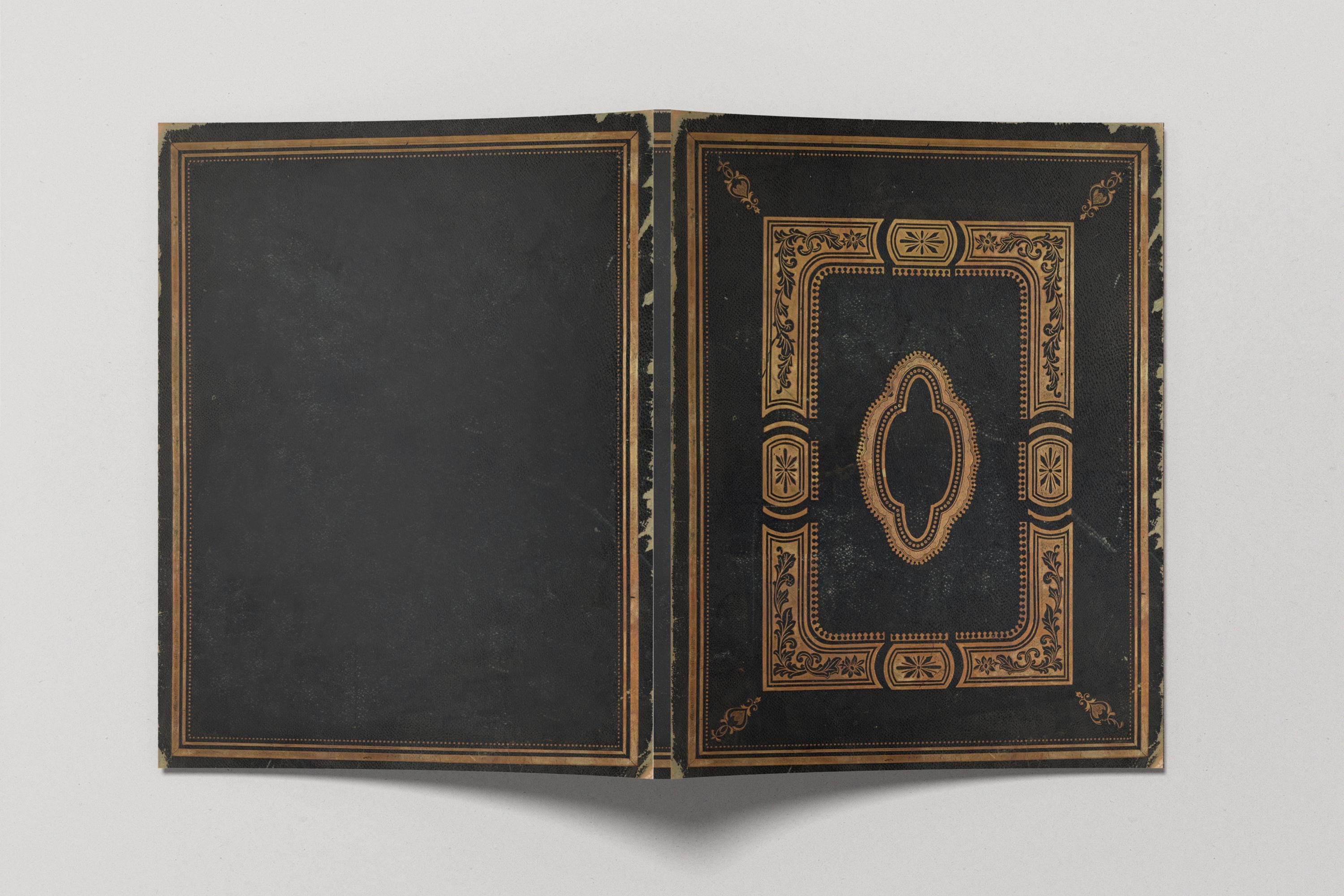 Open black book with gold decorative elements