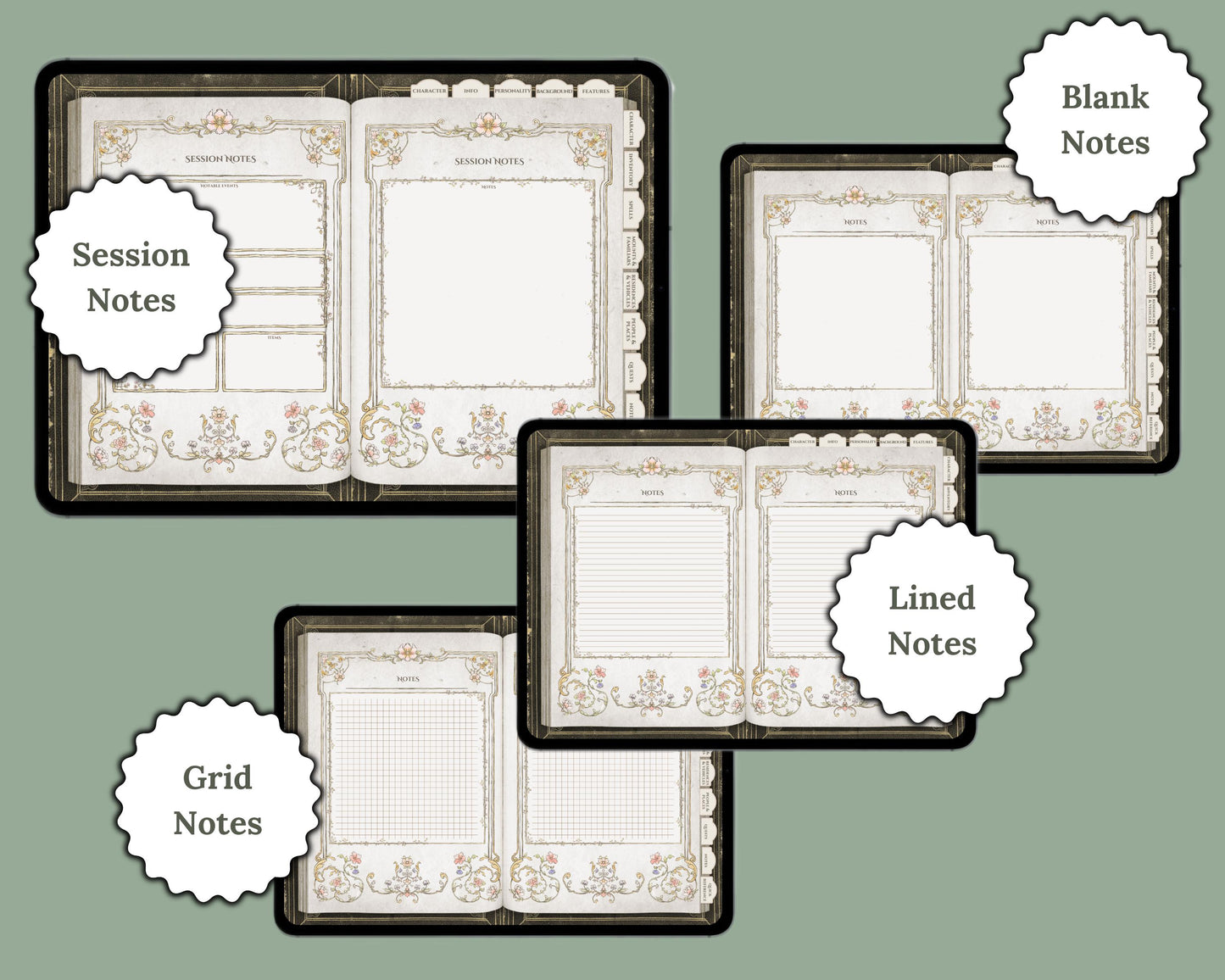Notes pages previews - grid notes, session notes, lined notes, blank notes