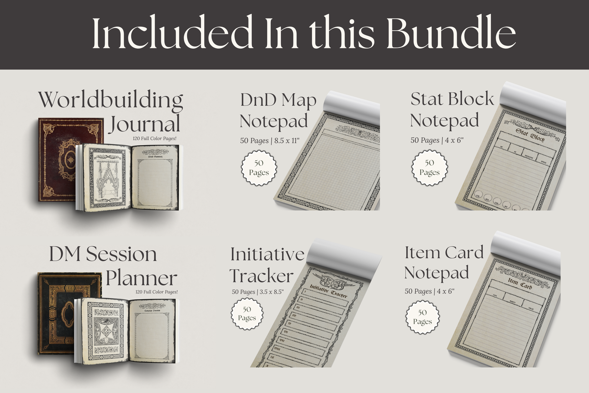 Collection of tabletop gaming accessories including a worldbuilding journal, map notepad, stat block notepad, DM session planner, initiative tracker, and item card notepad.