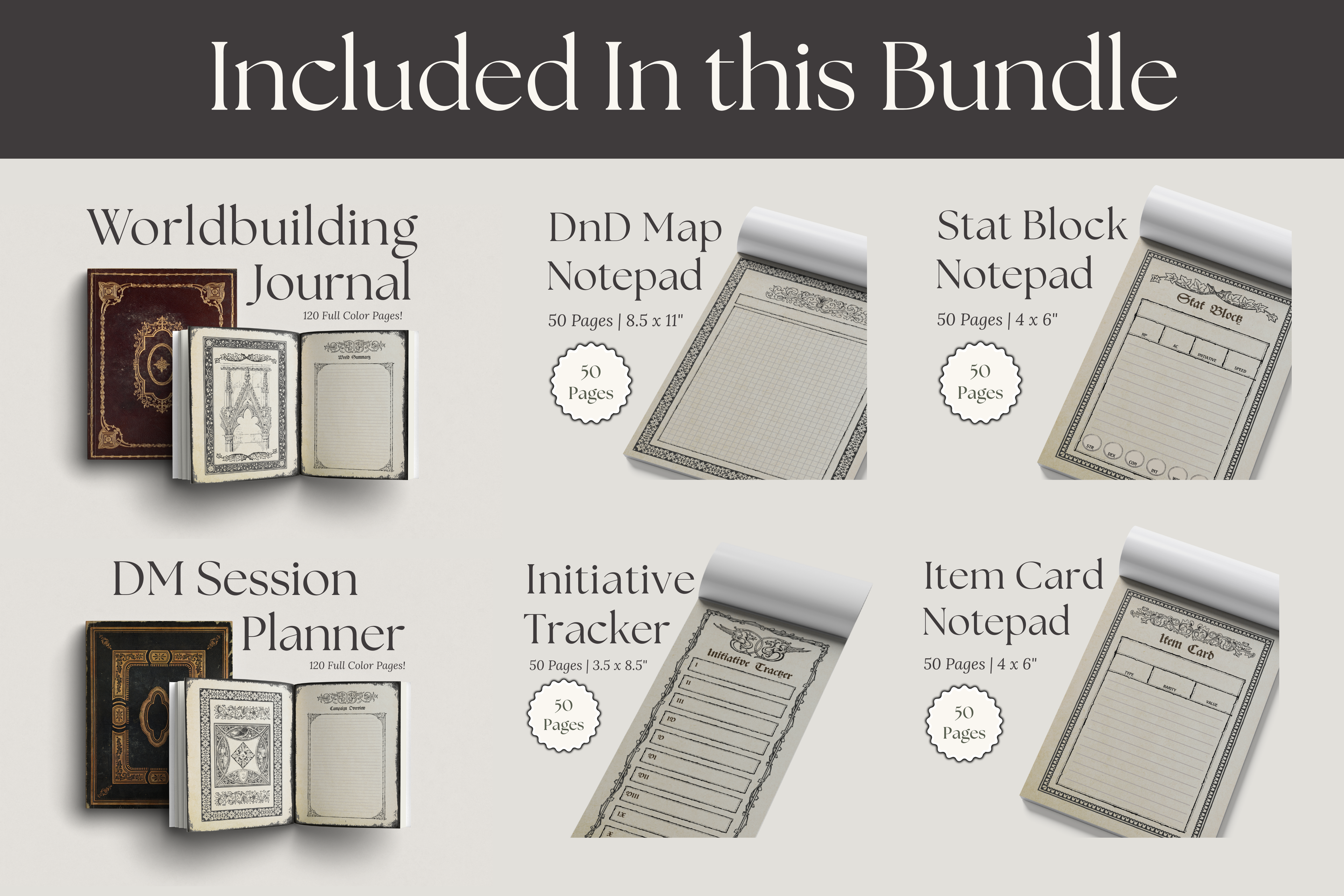 Collection of tabletop gaming accessories including a worldbuilding journal, map notepad, stat block notepad, DM session planner, initiative tracker, and item card notepad.