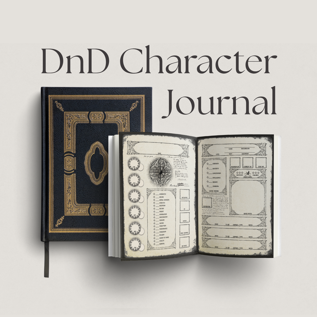 A DnD Character Journal shown closed with an ornate dark blue and gold cover, alongside an open view showing detailed character sheet and inventory pages, on a light beige background with the text 'DnD Character Journal' above.