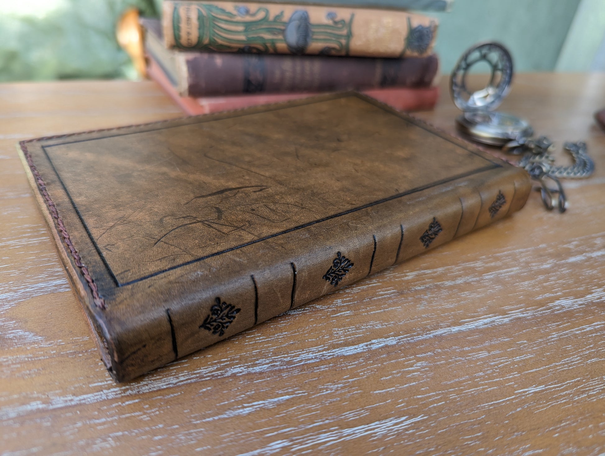 back view of a dnd leather spellbook