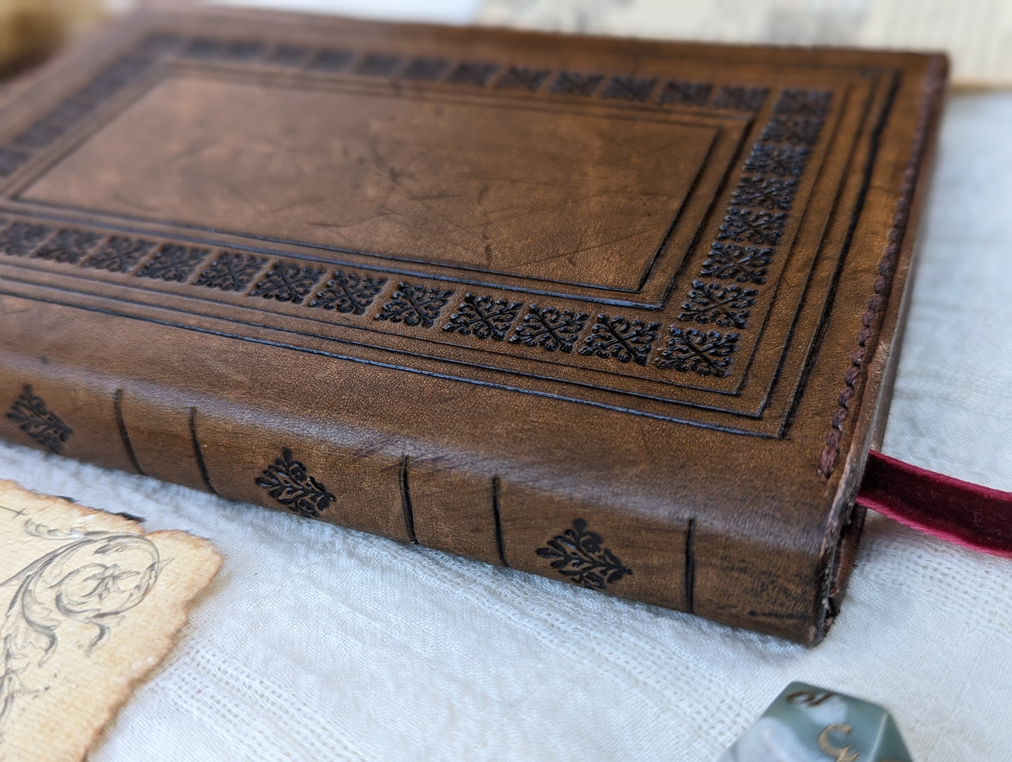 Spine view of a leather dnd spellbook