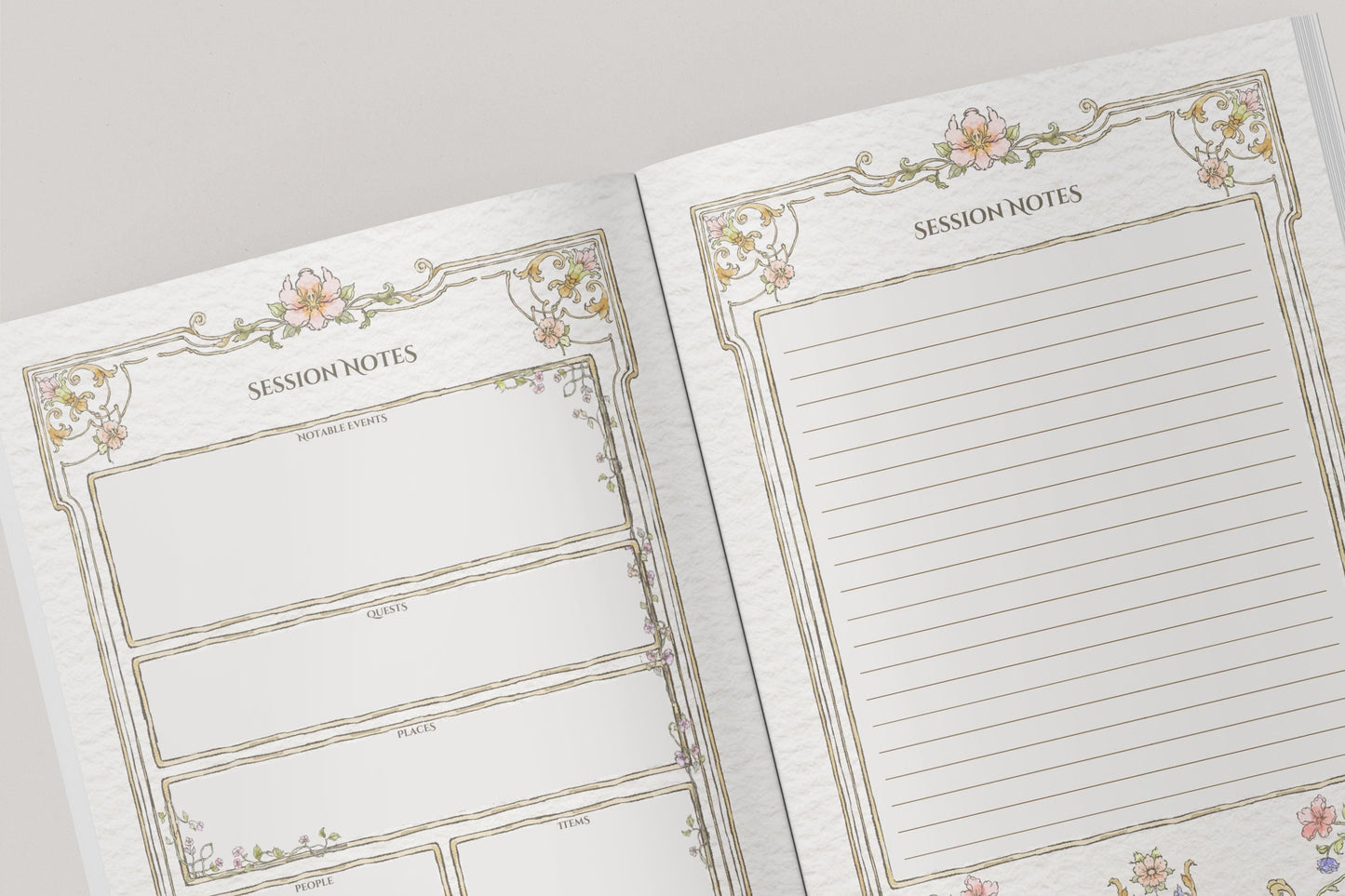 Two pages from a dnd notebook with 'Session Notes' headings and decorative borders.