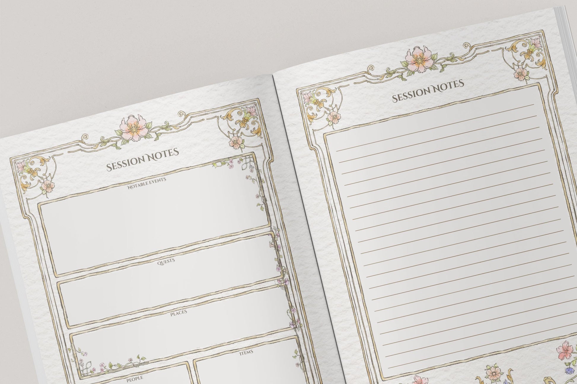 Two pages from a dnd notebook with 'Session Notes' headings and decorative borders.