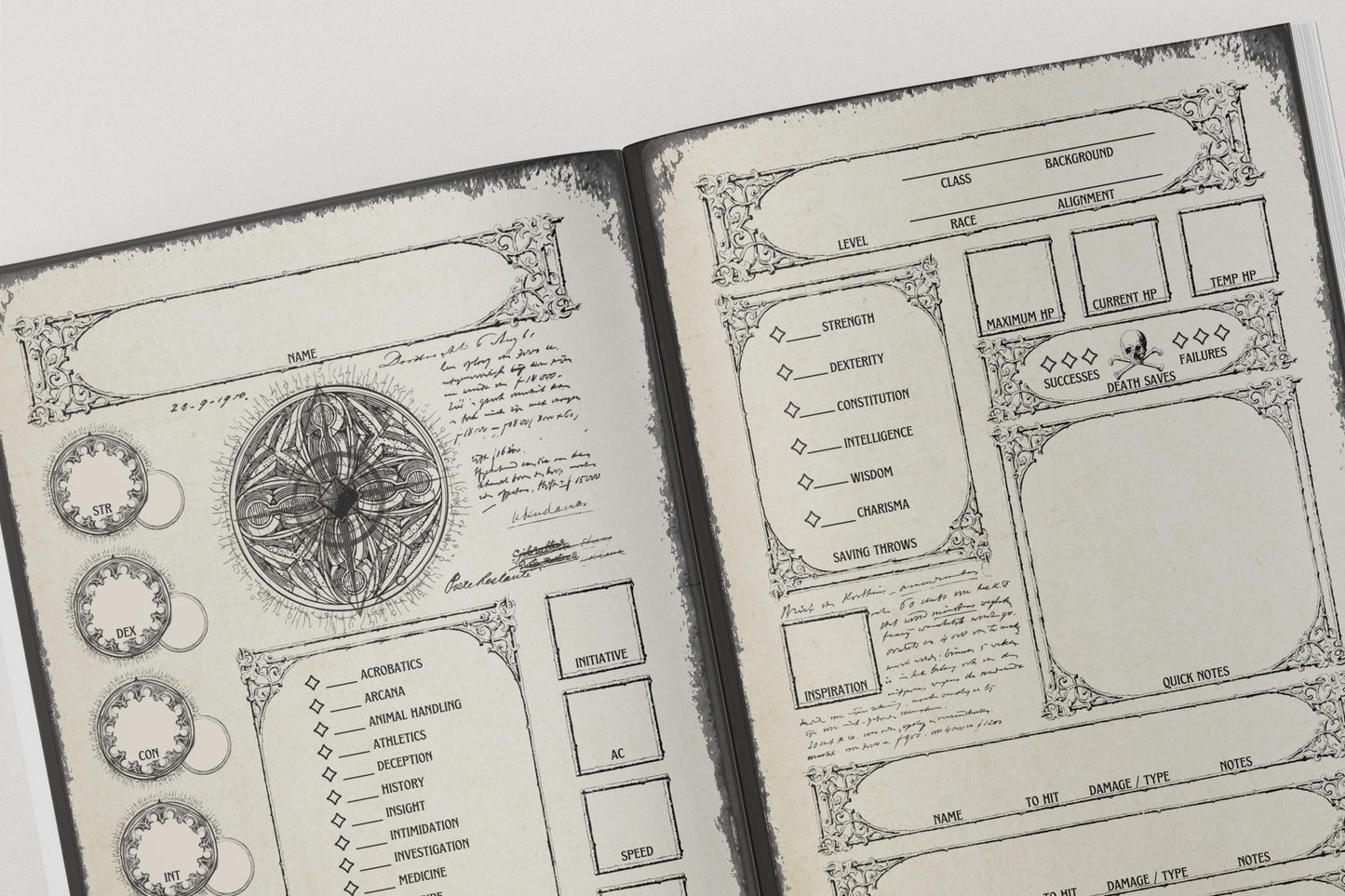 dnd character sheet pages with illustrations and stats