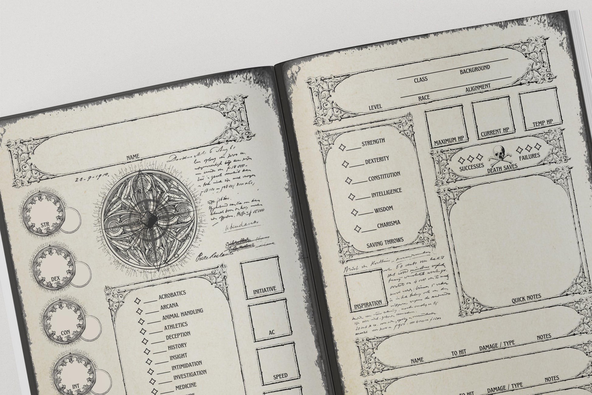dnd character sheet pages with illustrations and stats