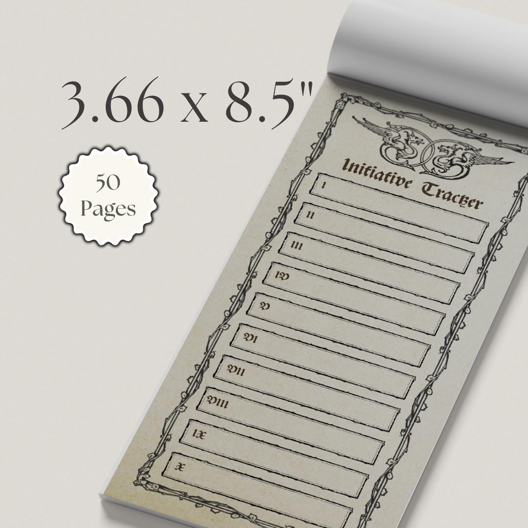 DnD initiative Tracker notepad with dimensions and page count