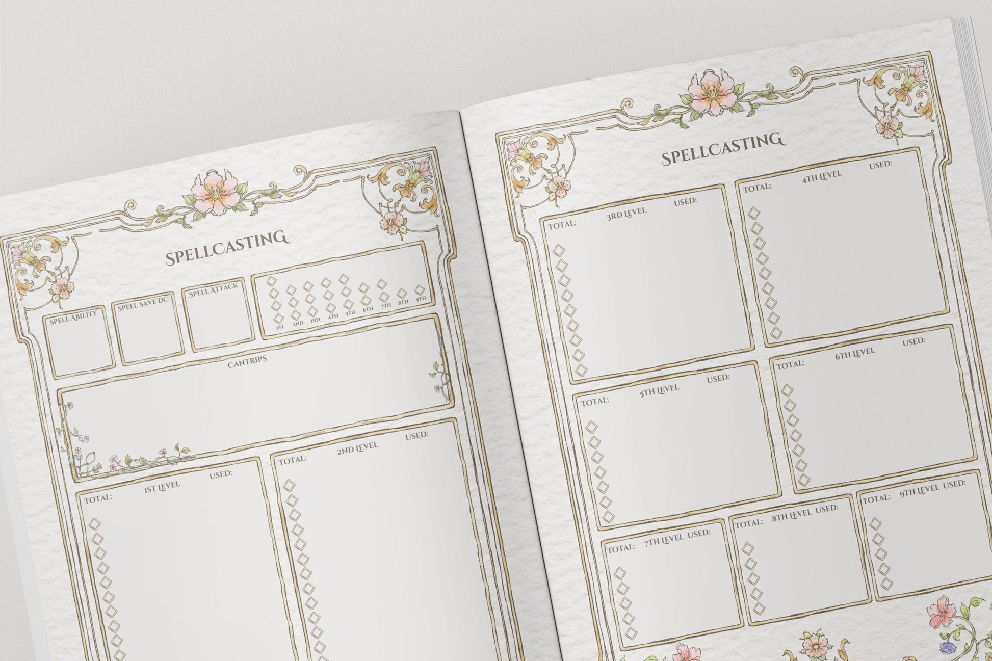 Spell slot pages from a dnd notebook with a floral design