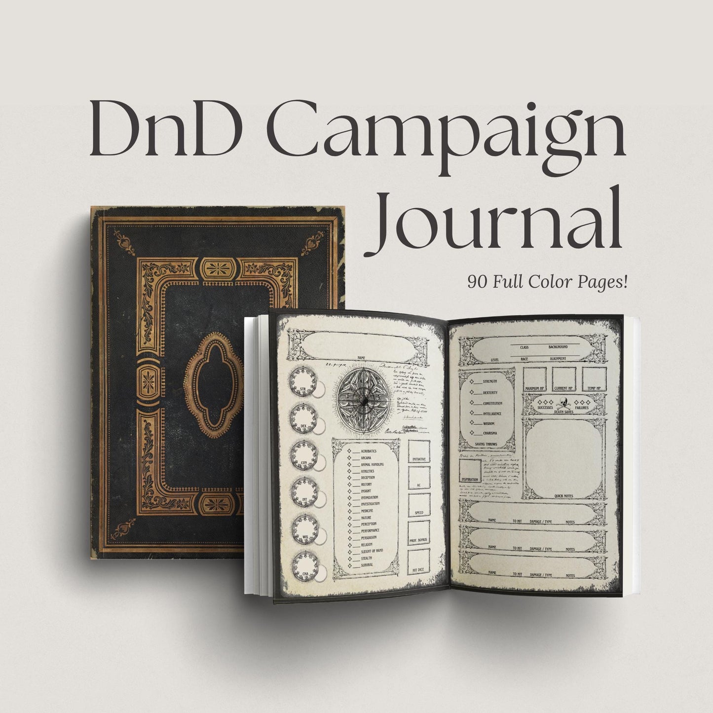 D&D Gothic style Campaign Journal with open pages and a decroative book cover