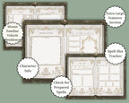 preview of dnd character sheets with decorative frames and various labels of sections