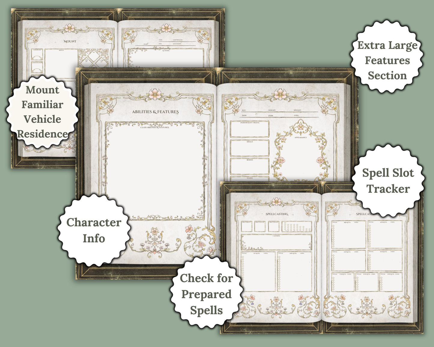 preview of dnd character sheets with decorative frames and various labels of sections