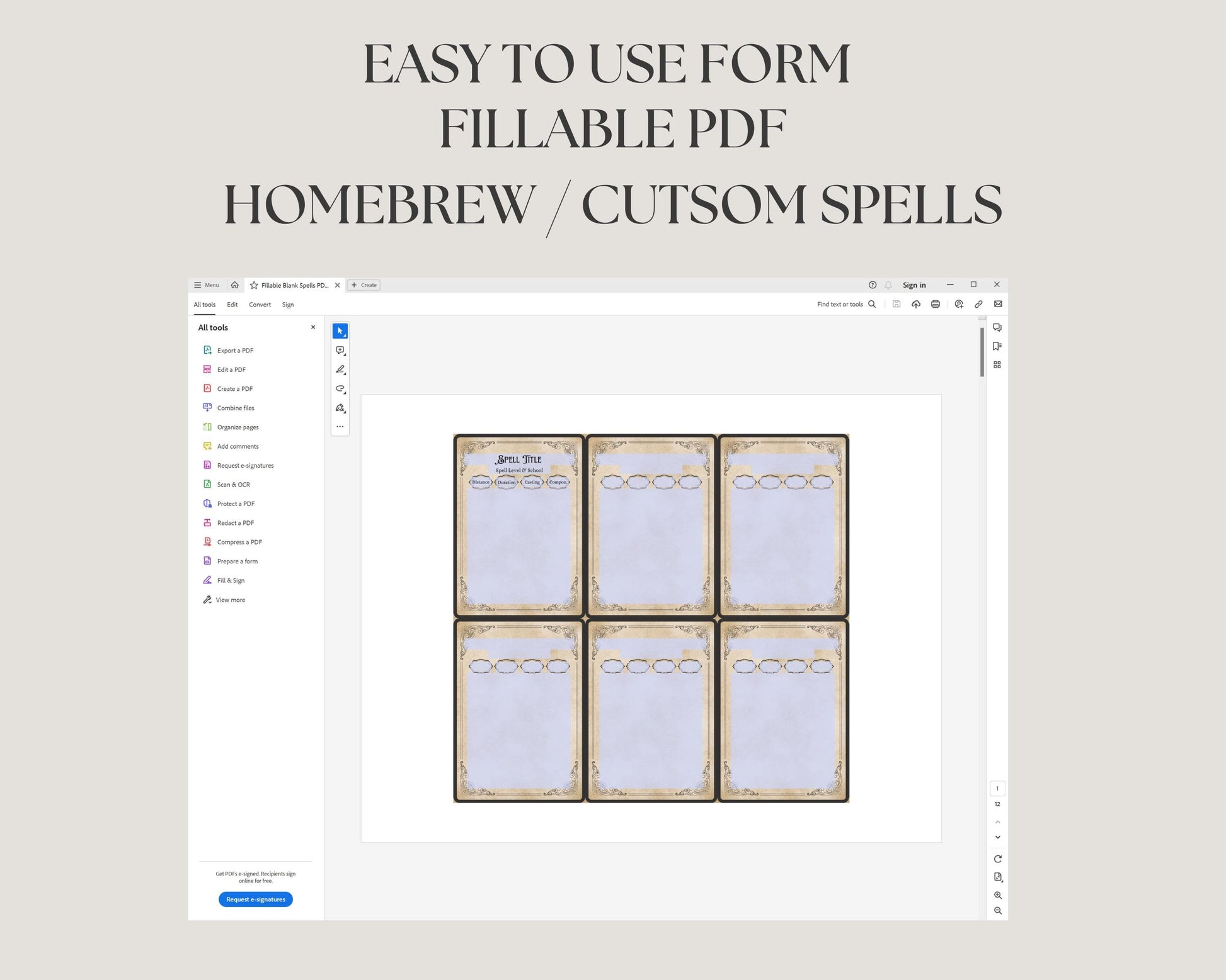 Screenshot of a software interface with fillable PDF forms for homebrew or custom spells.