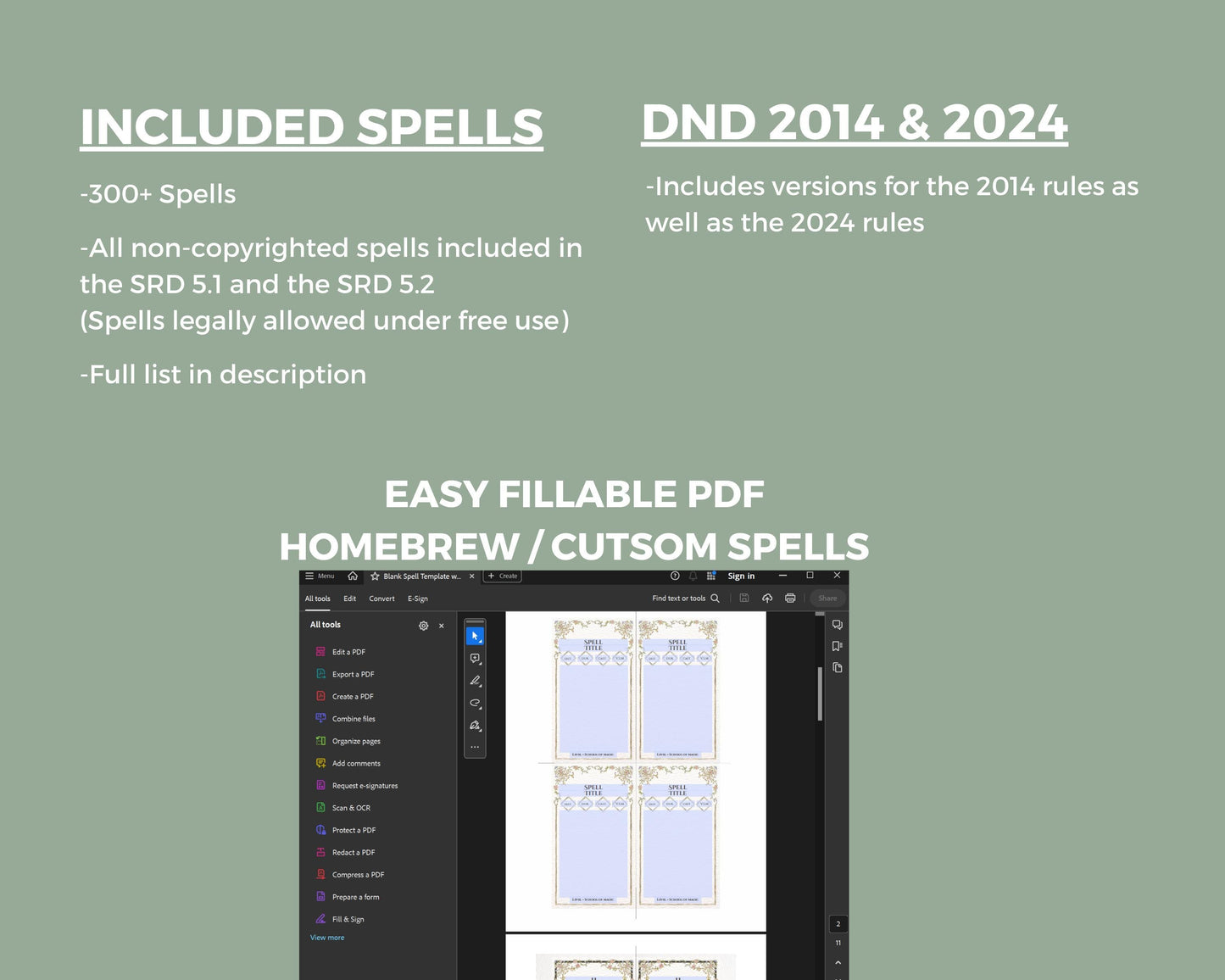 Description of spells included 