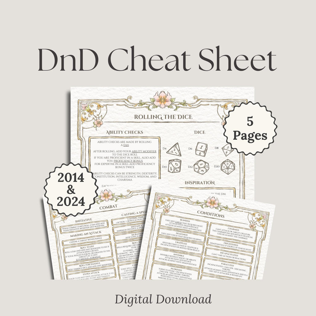 DnD Cheat Sheet digital download with 5 pages 