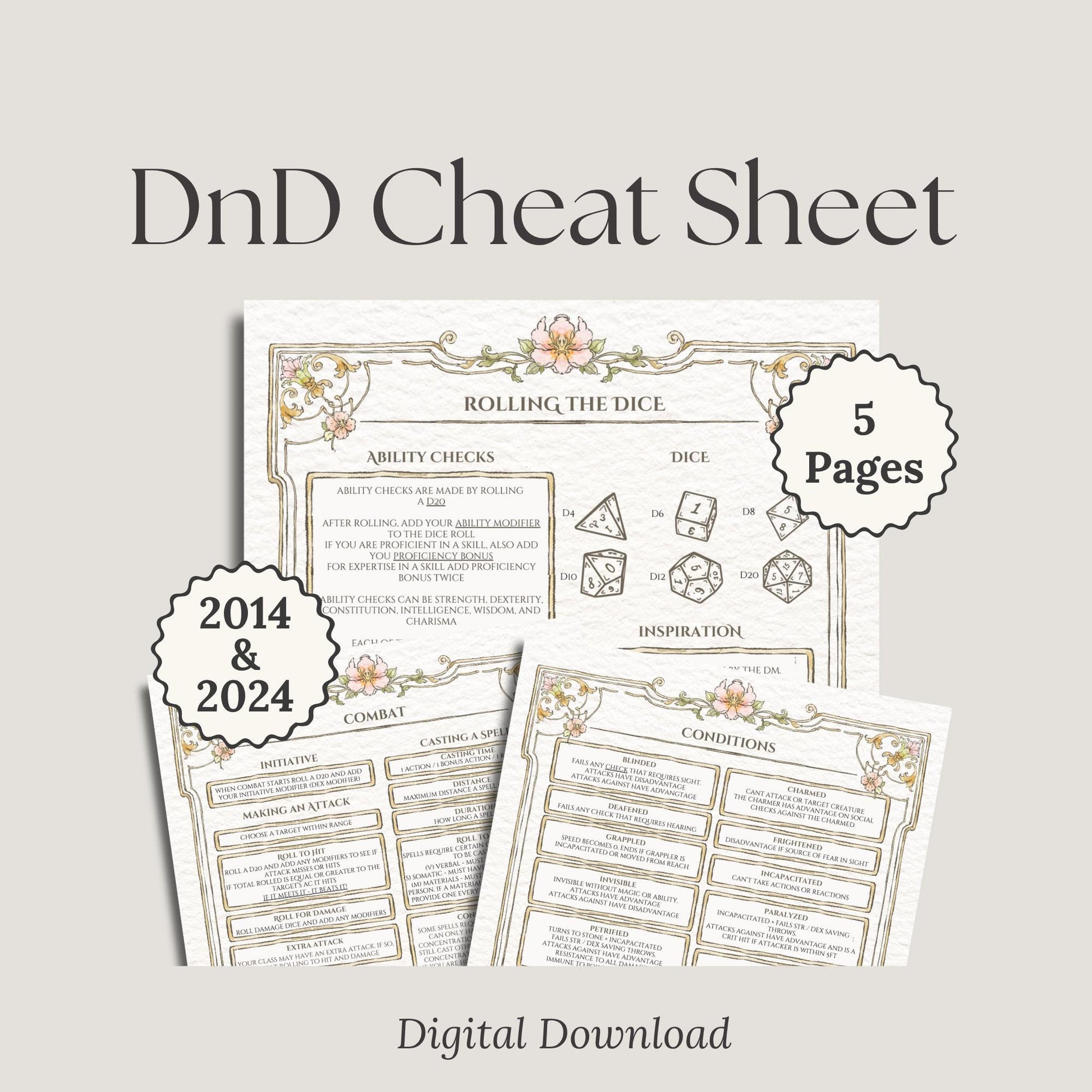 DnD Cheat Sheet digital download with 5 pages 