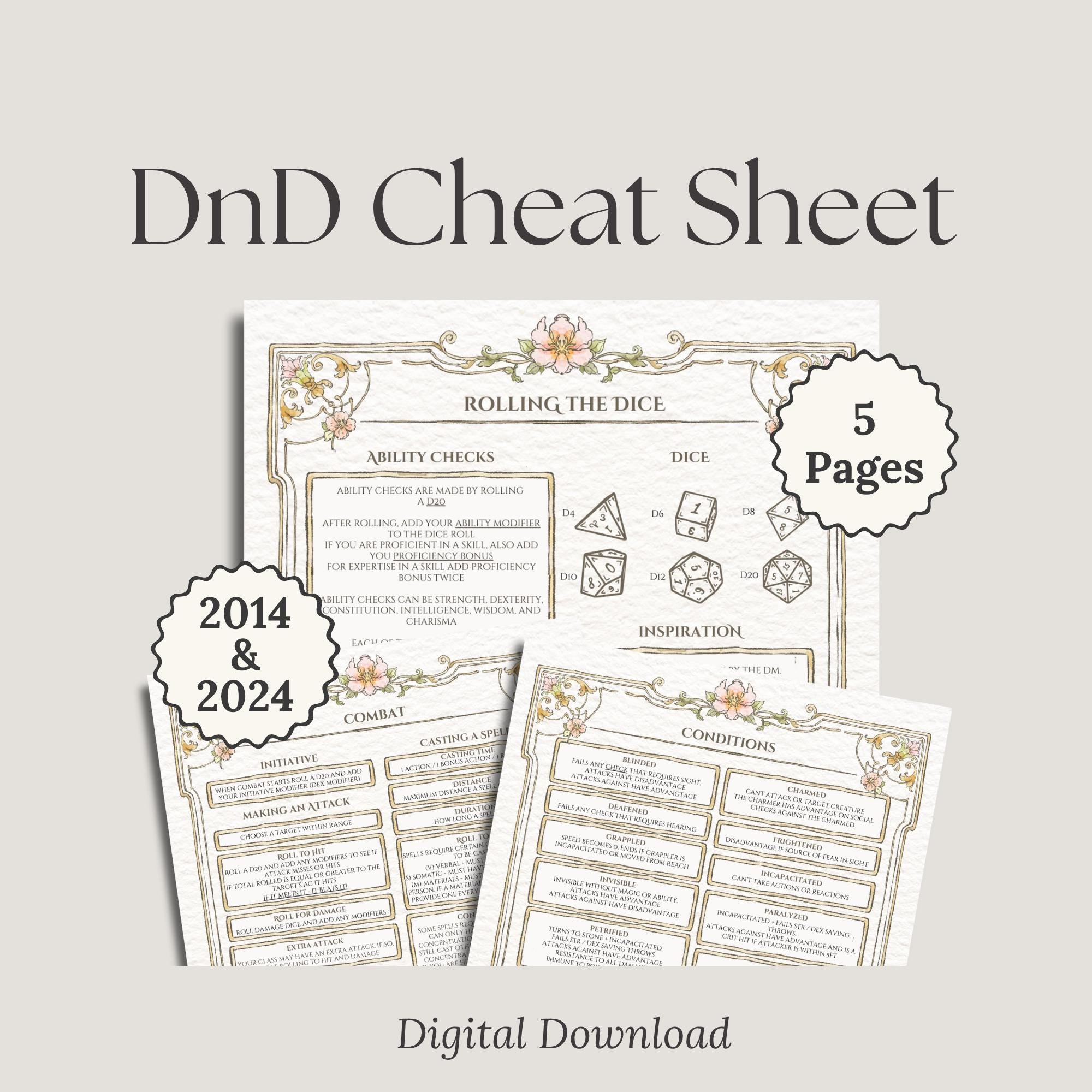DnD Cheat Sheet digital download with 5 pages 
