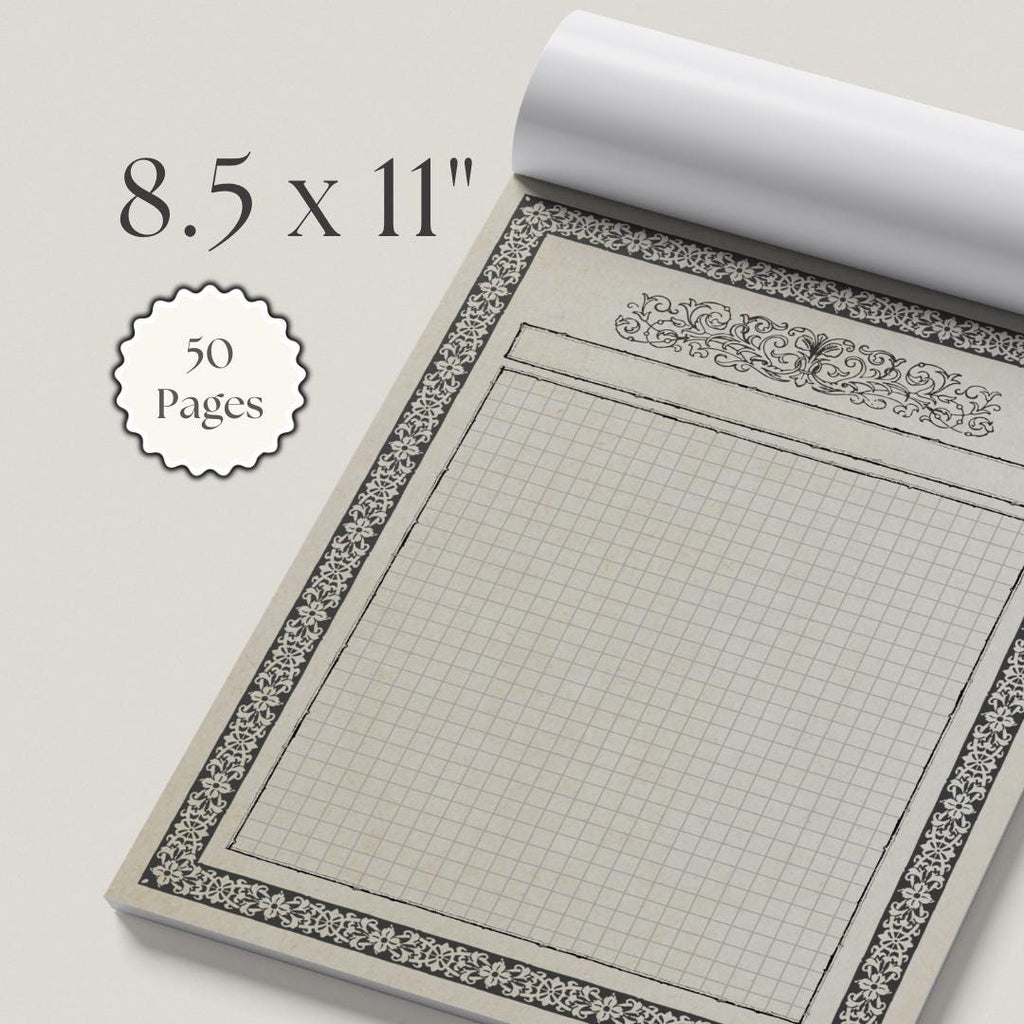 Open notebook with grid paper and decorative border on a light background, displaying dimensions and page count.