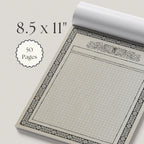 Open notebook with grid paper and decorative border on a light background, displaying dimensions and page count.