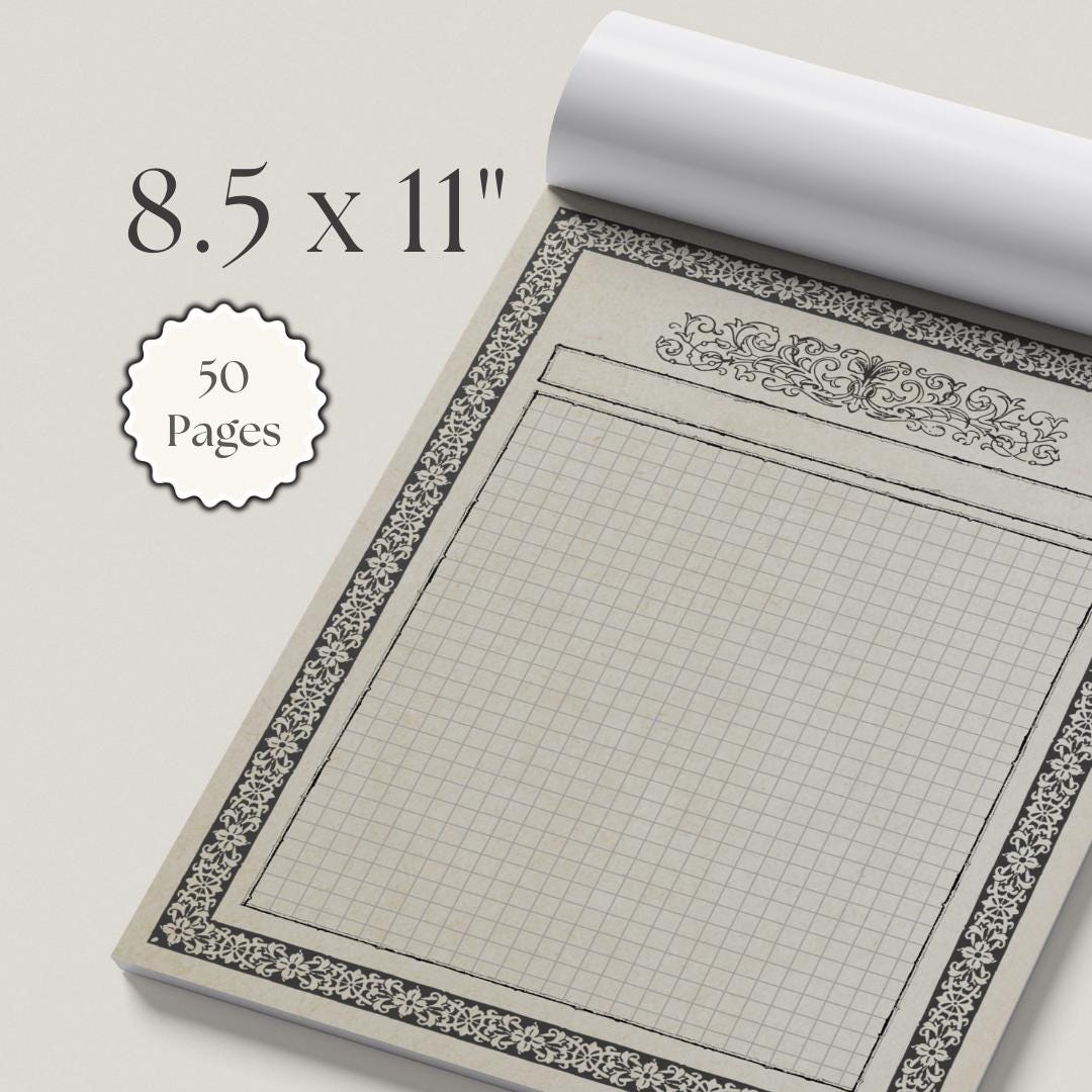 Open notebook with grid paper and decorative border on a light background, displaying dimensions and page count.