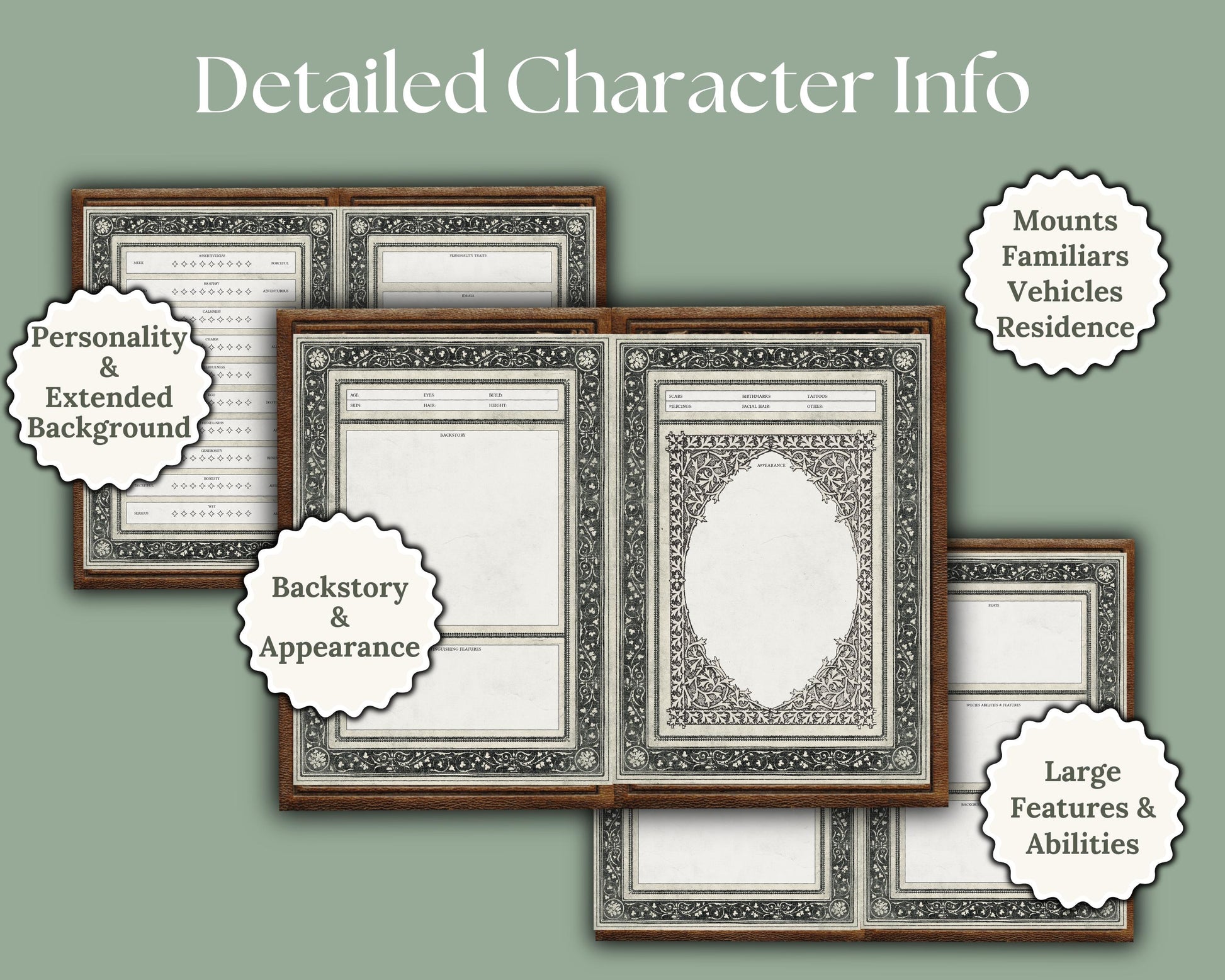 Preview of dnd character info sheet pages with various labels
