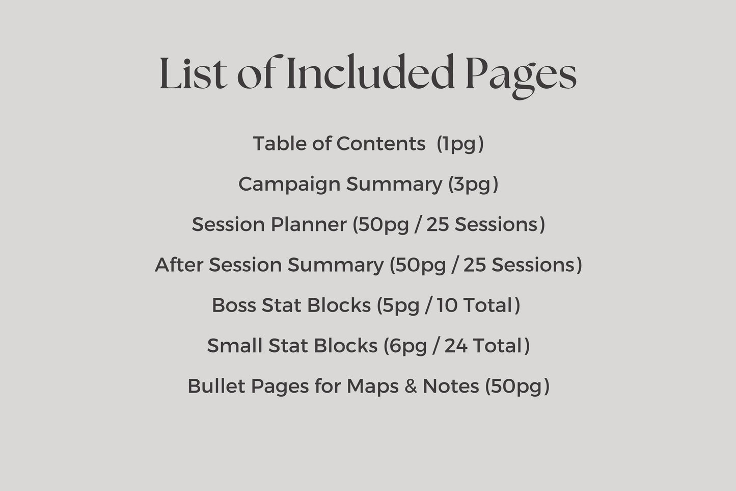 List of included pages for dnd session planner