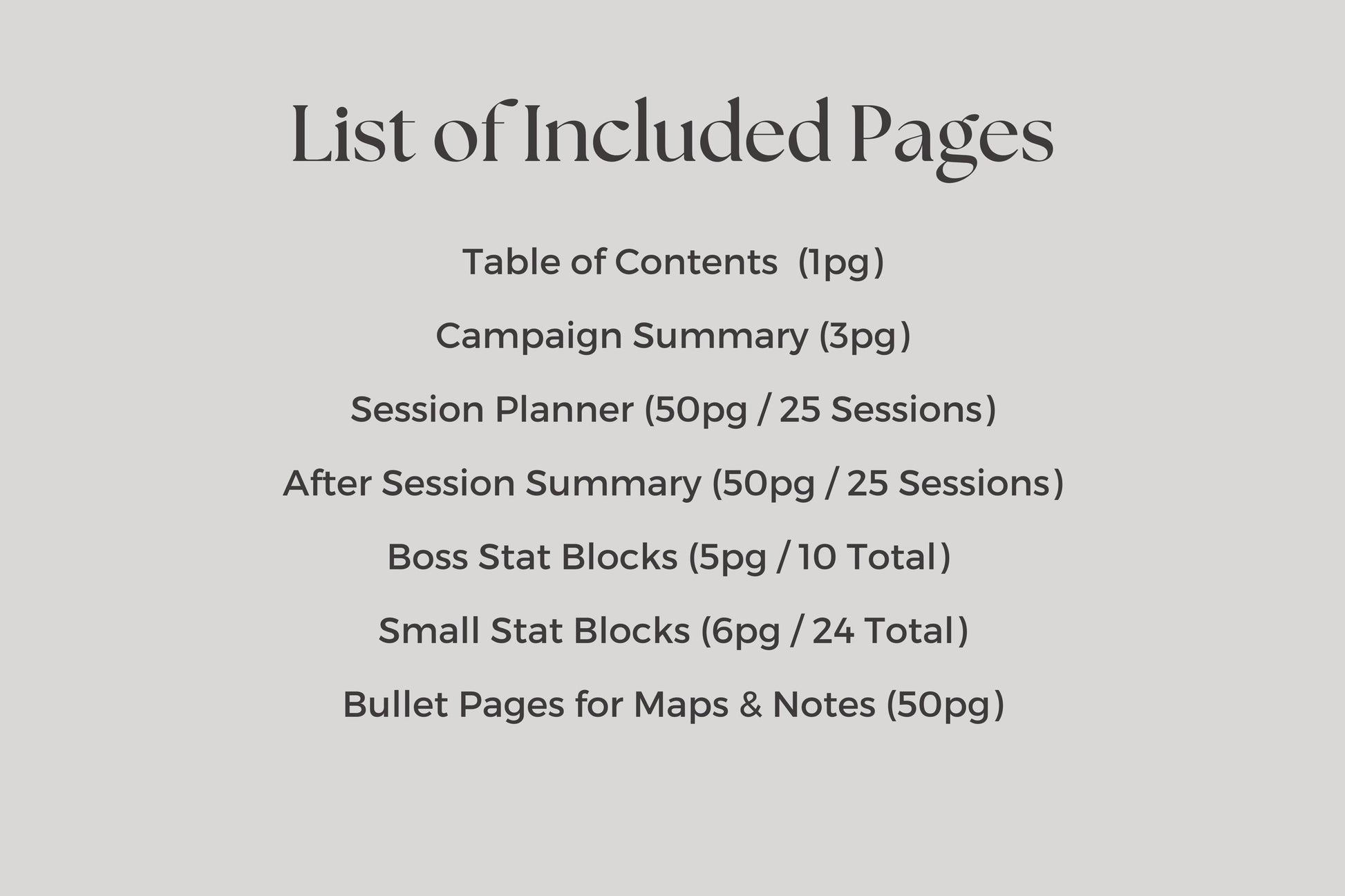 List of included pages for dnd session planner