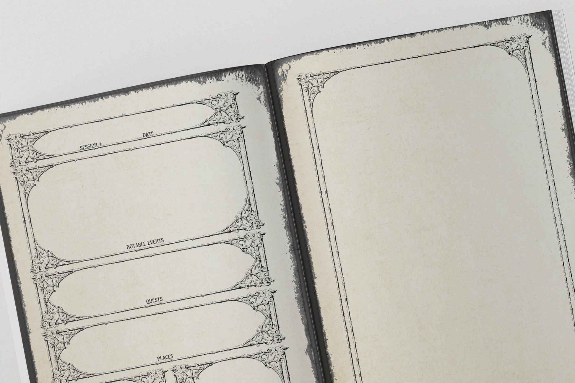 Open pages from a dnd notebook with decorative pages for session notes