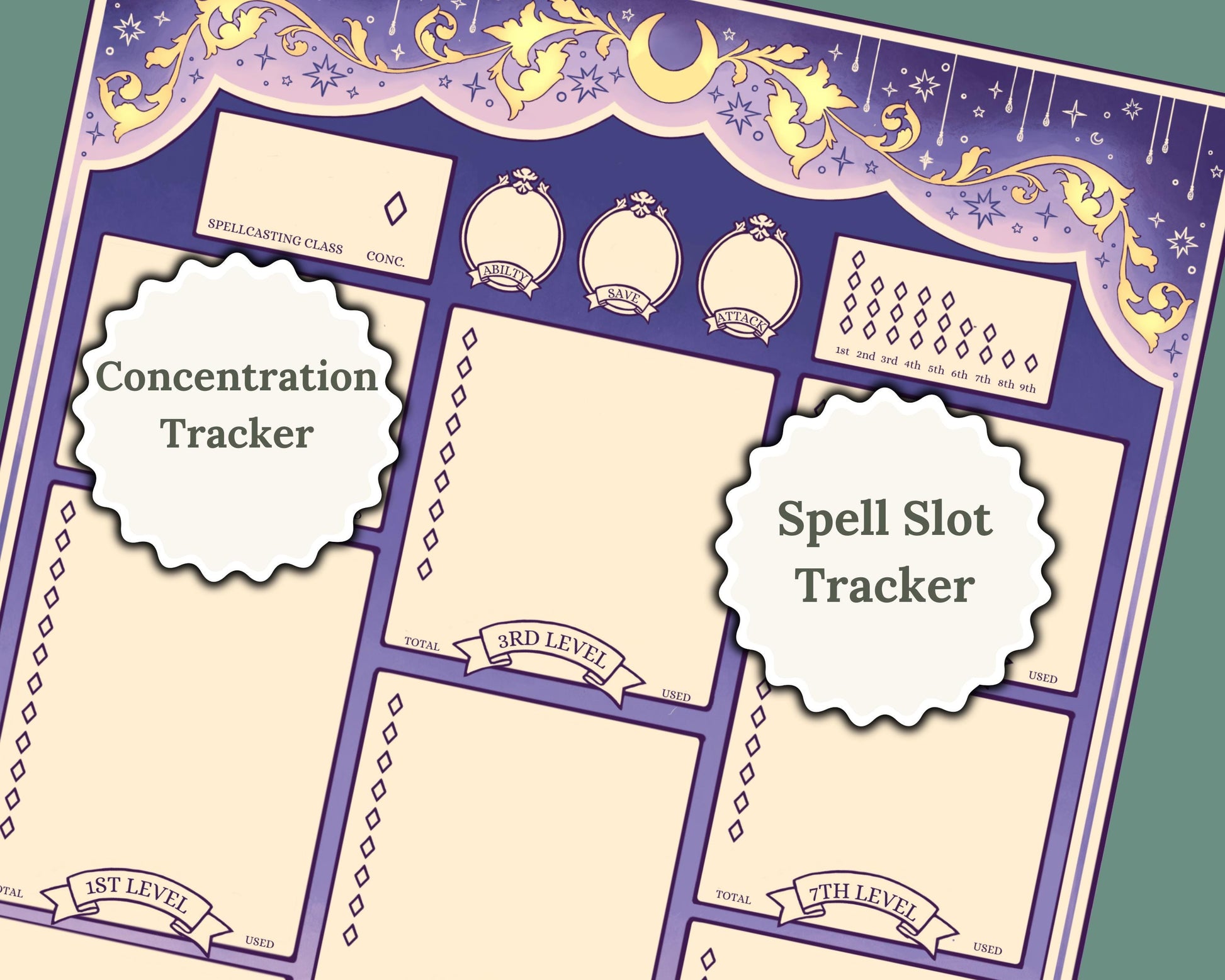 Spell tracker page with concentration and spell slot tracker 