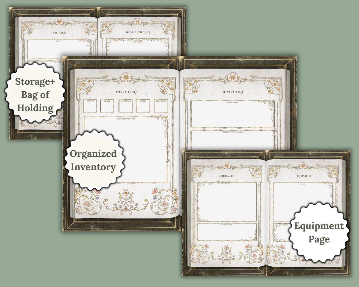 Inventory sections of dnd character journal with various labels