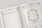Two pages of a dnd notebook with decorative floral and leaf patterns showing appearance nad backstory sections
