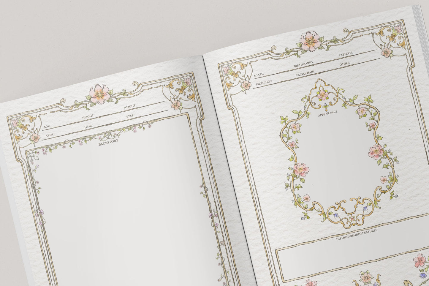 Two pages of a dnd notebook with decorative floral and leaf patterns showing appearance nad backstory sections