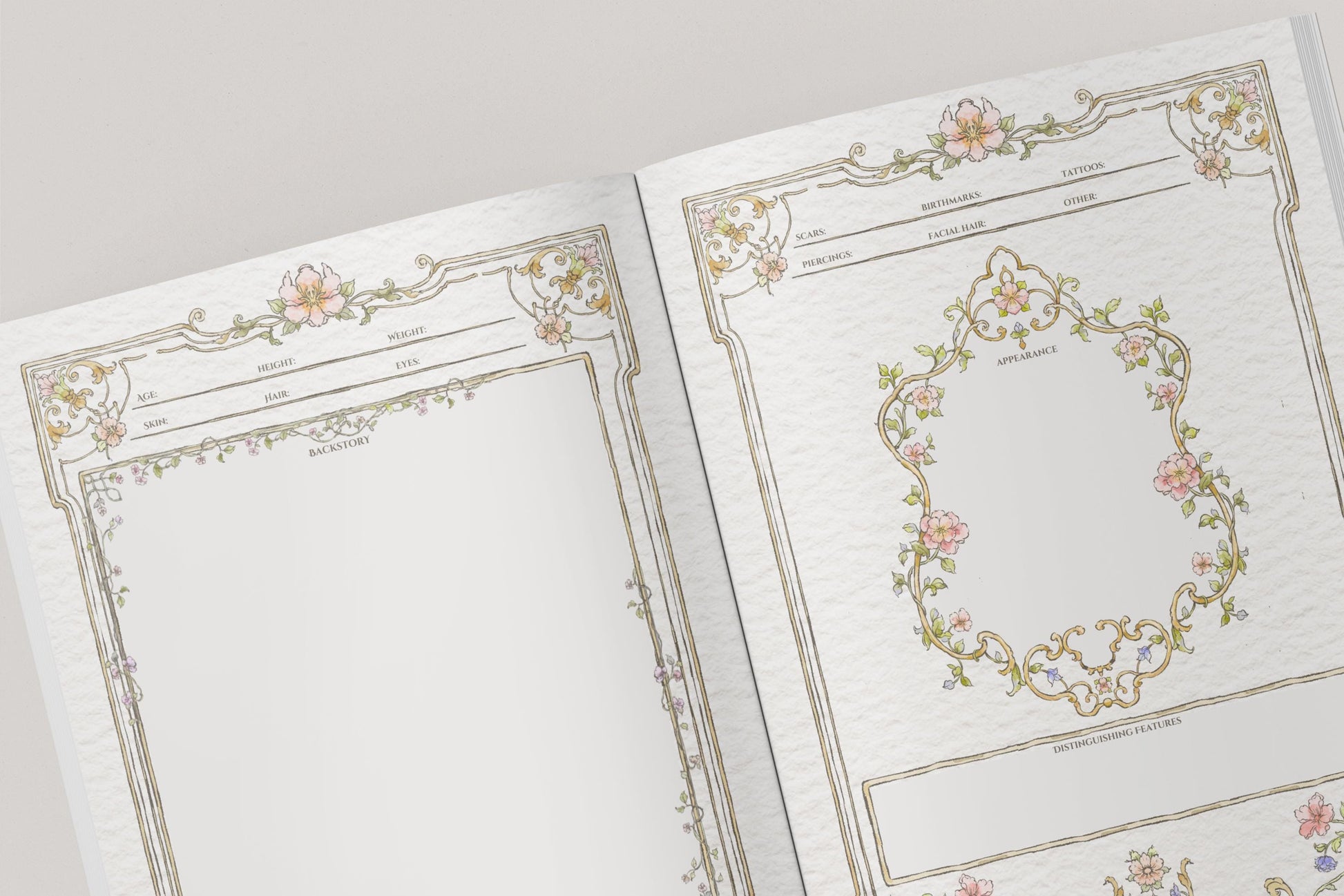 Two pages of a dnd notebook with decorative floral and leaf patterns showing appearance nad backstory sections