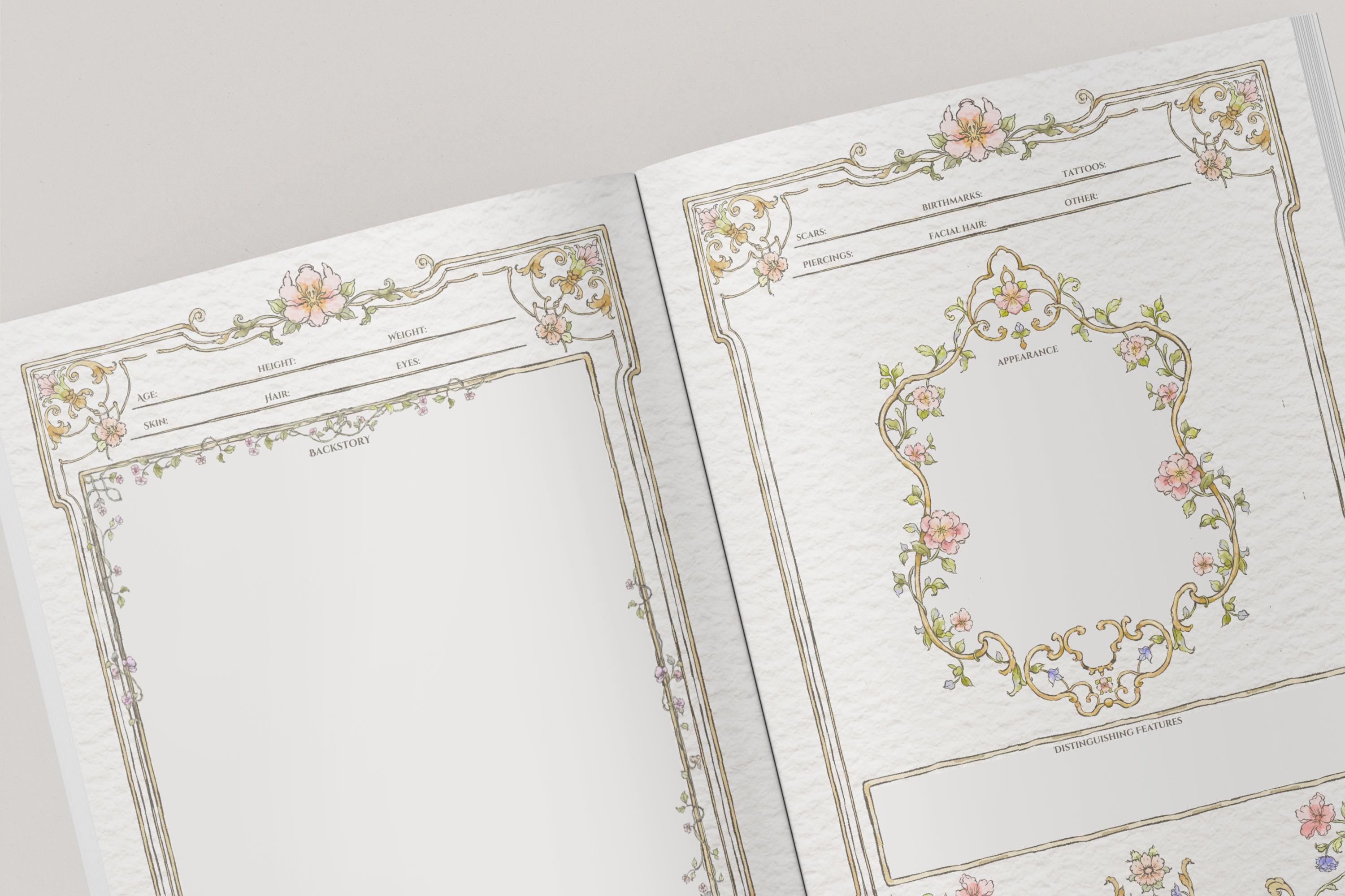 Two pages of a dnd notebook with decorative floral and leaf patterns showing appearance nad backstory sections