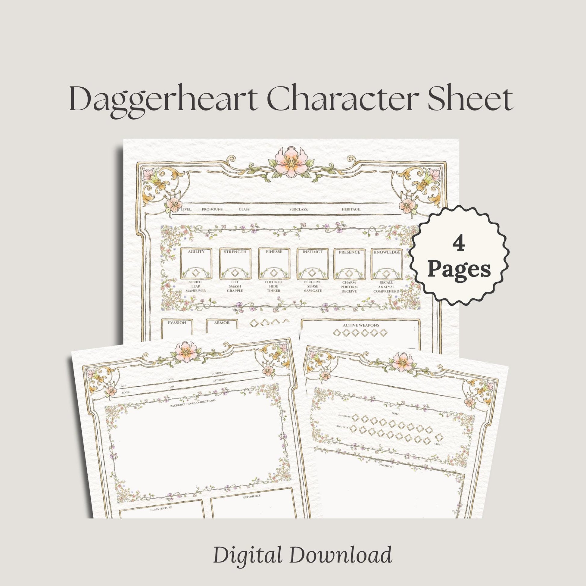 Floral Daggerheart Character Sheet with decorative elements - '4 page digital download'