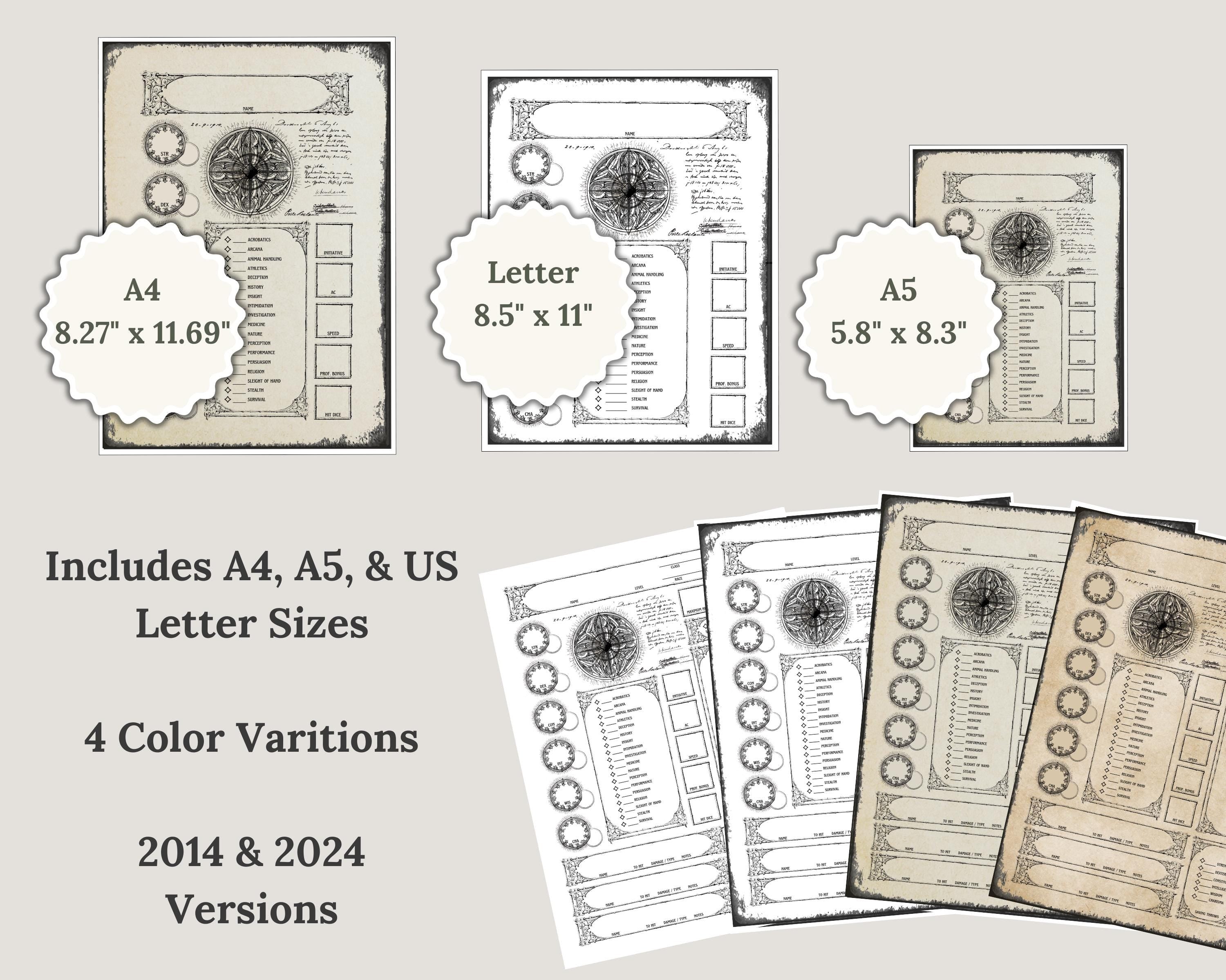 preview of DnD character sheet sizing and color options