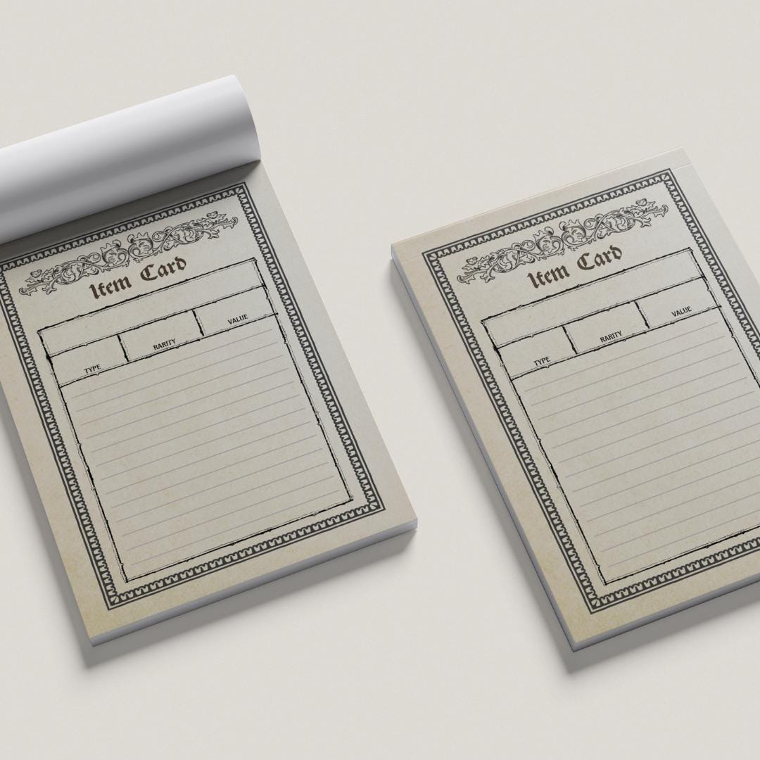 Two item cards with a decorative border on a light gray background