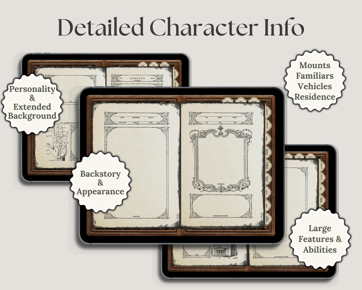 Character information sheets with various page descriptions