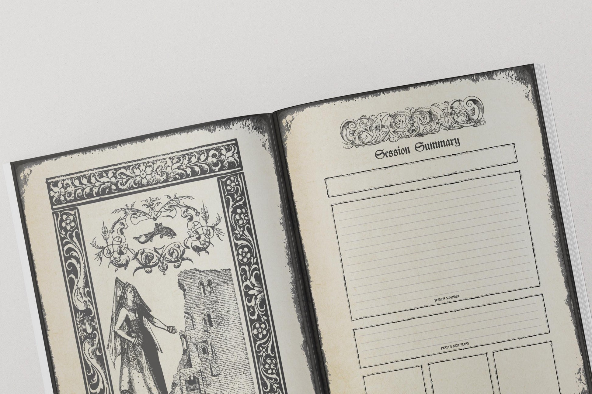 Open dungeons and dragons notebook with session summary fields