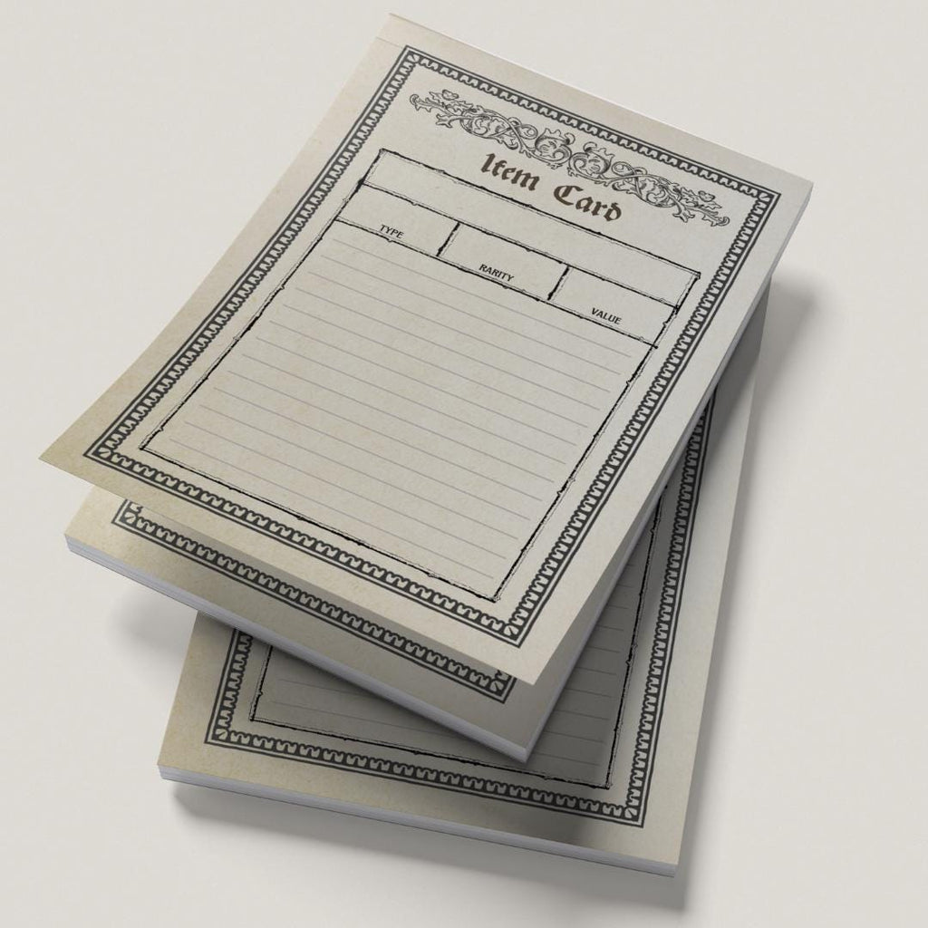 Stack of item card pads on a light gray background