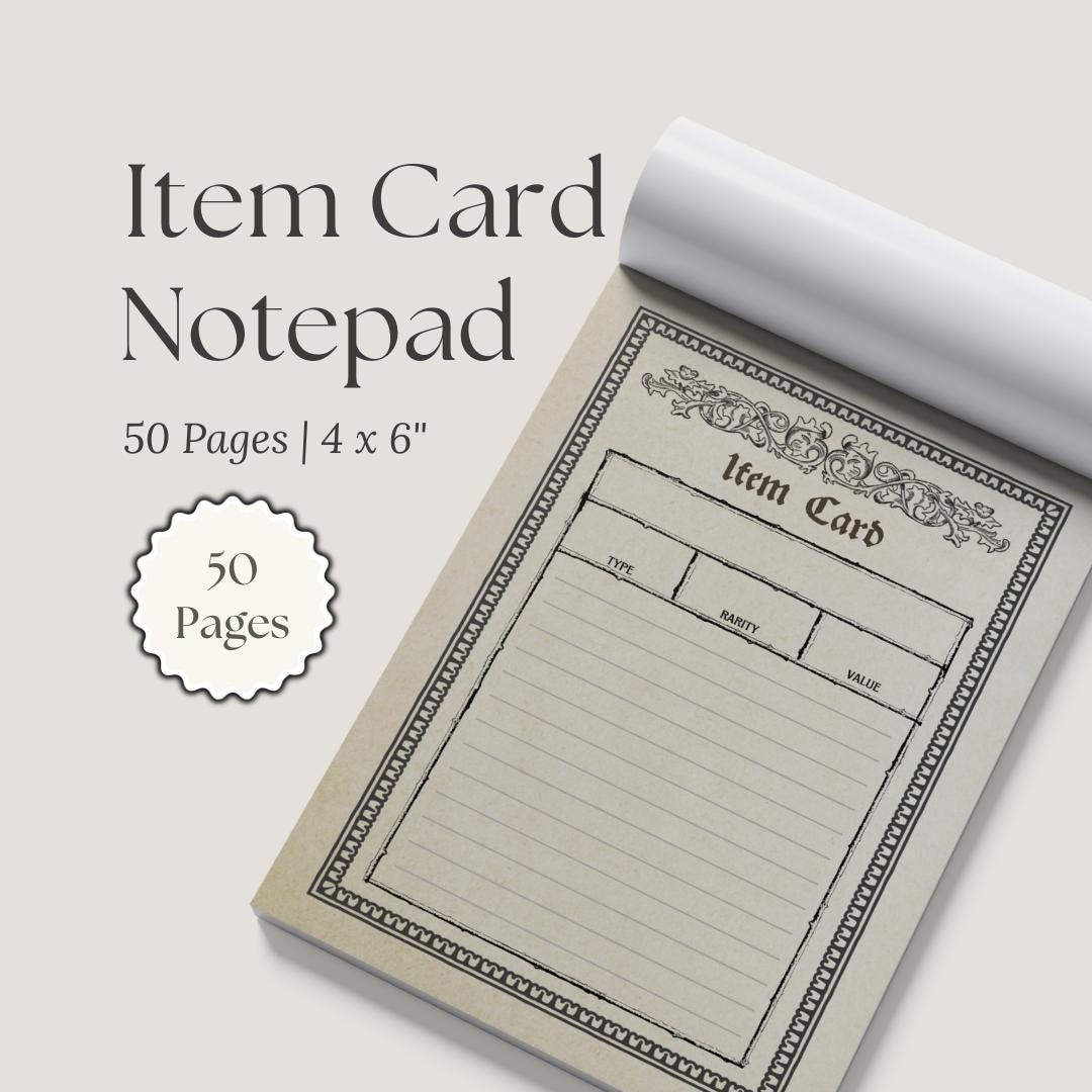 DnD Item Card Notepad with design on a light gray background