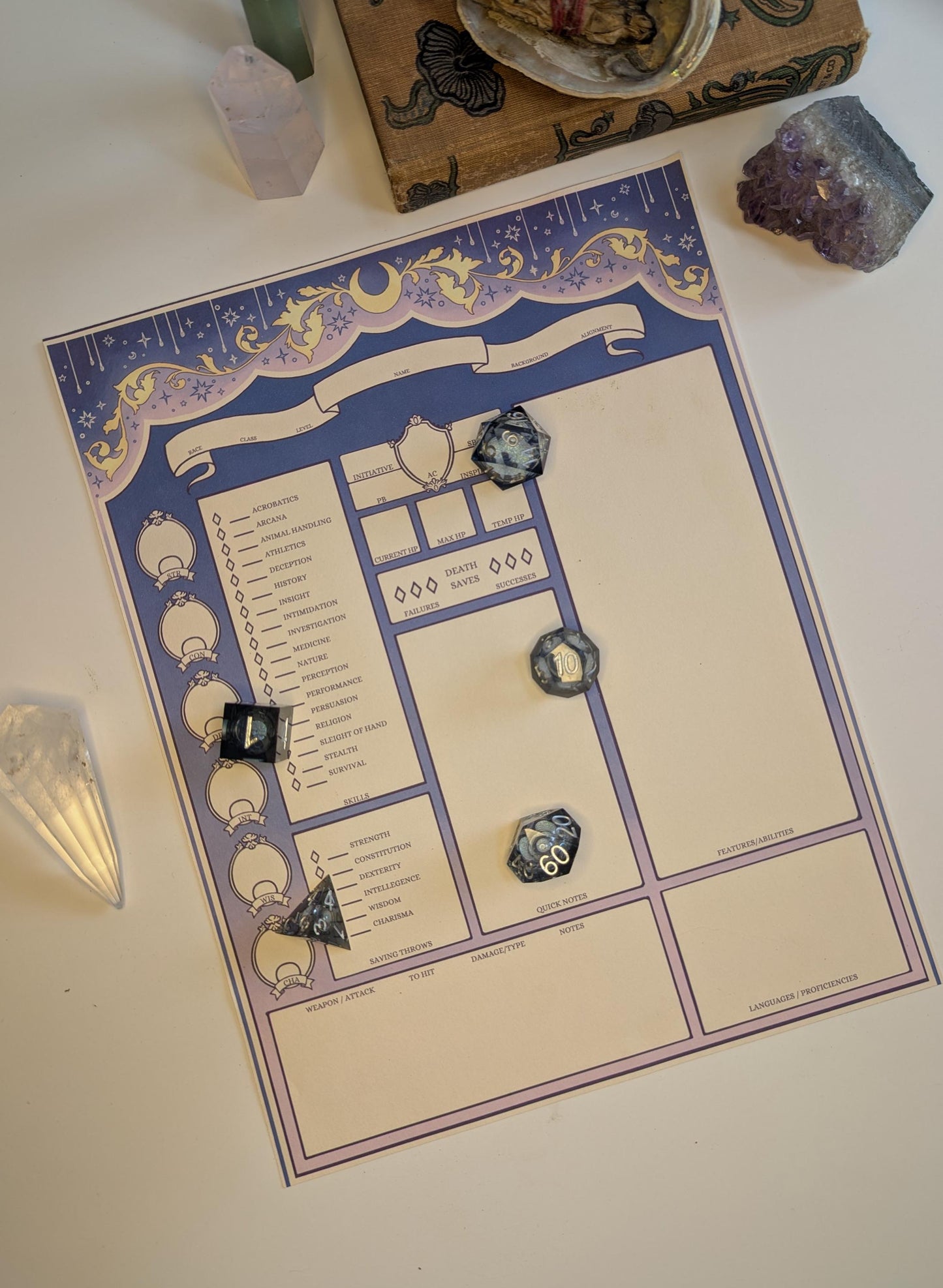 Decorative dnd character sheet with celestial design on a white surface.
