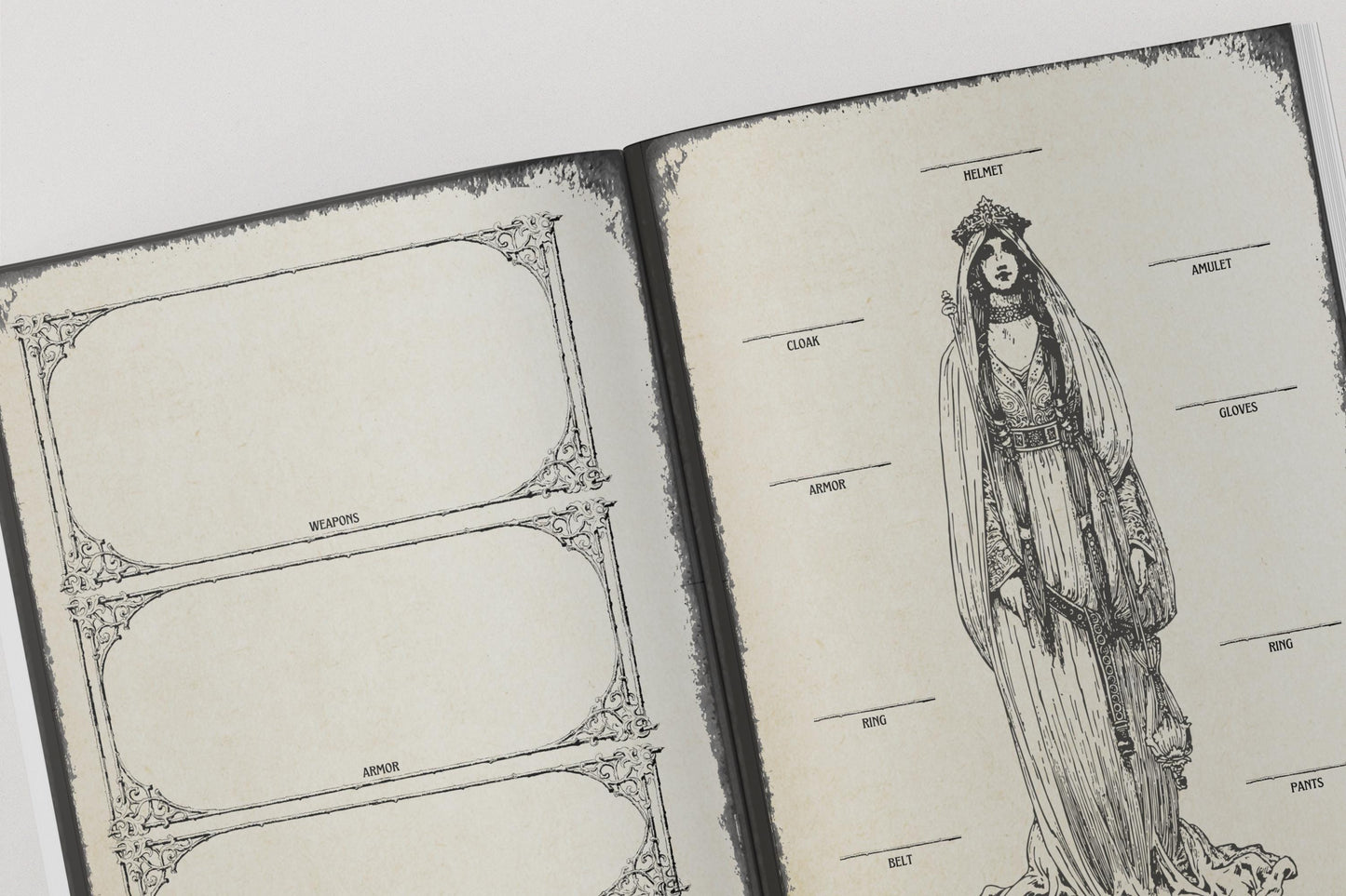 dnd notebook pages with illustrations of a woman in a dress and equipment labels