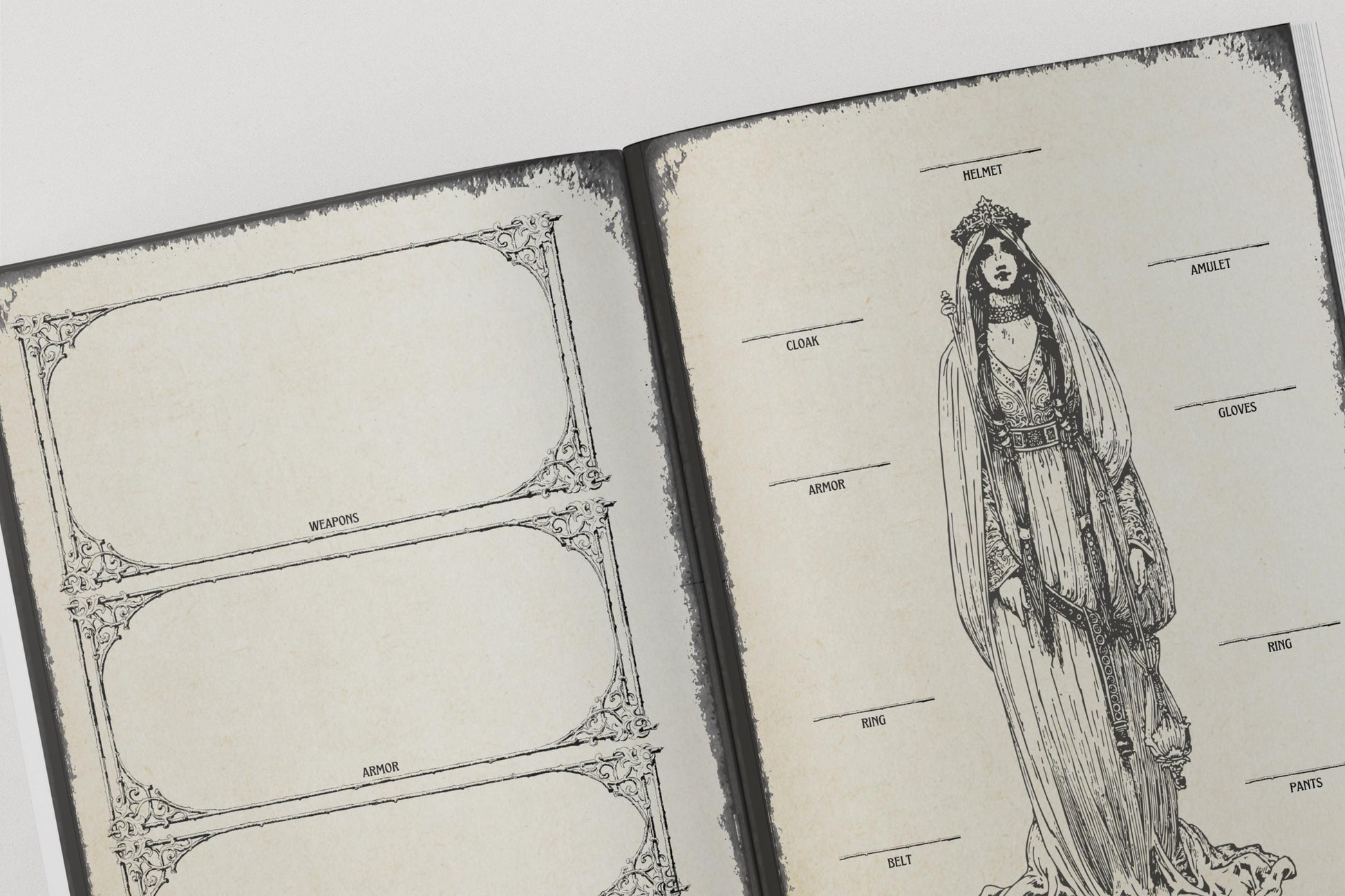 dnd notebook pages with illustrations of a woman in a dress and equipment labels
