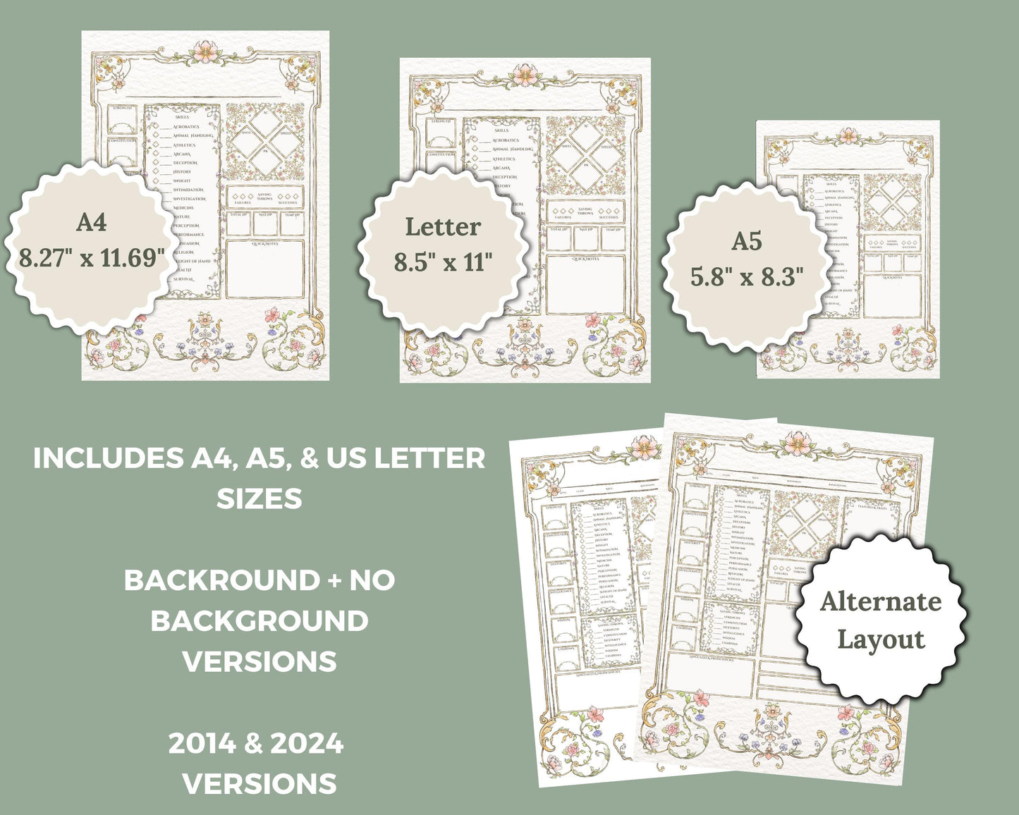 DnD character journal with different sizes and layout options